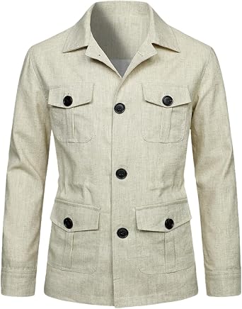 Mens Linen Jacket Lightweight Breathable Casual Single Breasted Cargo Coat with Pockets