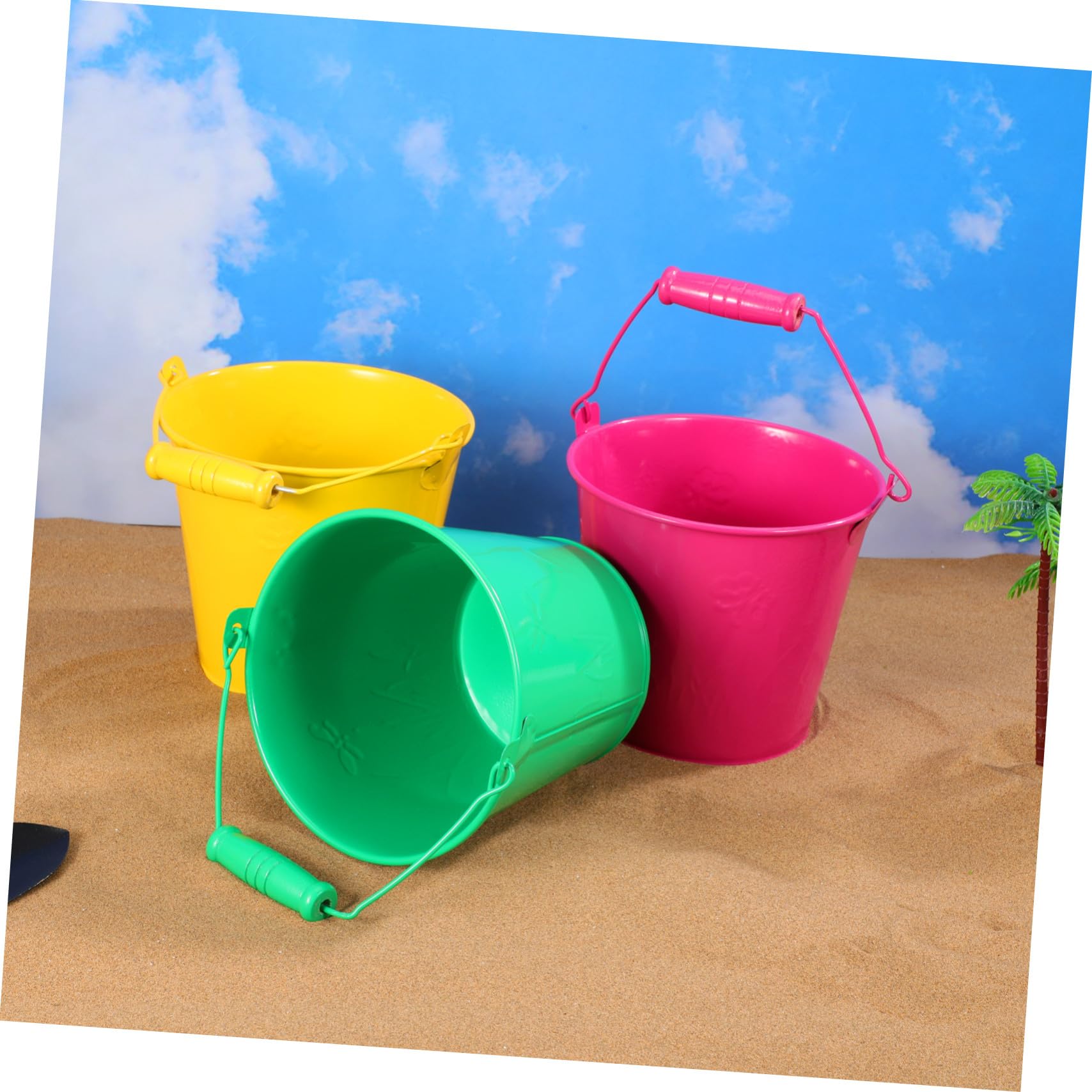 6 Pezzi Secchielli da Spiaggia in Ferro Manico in Legno Giocattoli per Piccoli per Giochi All’Aperto Set per Sabbia e Acqua Dimensioni 125X11X9 CM Colori Colore Casuale