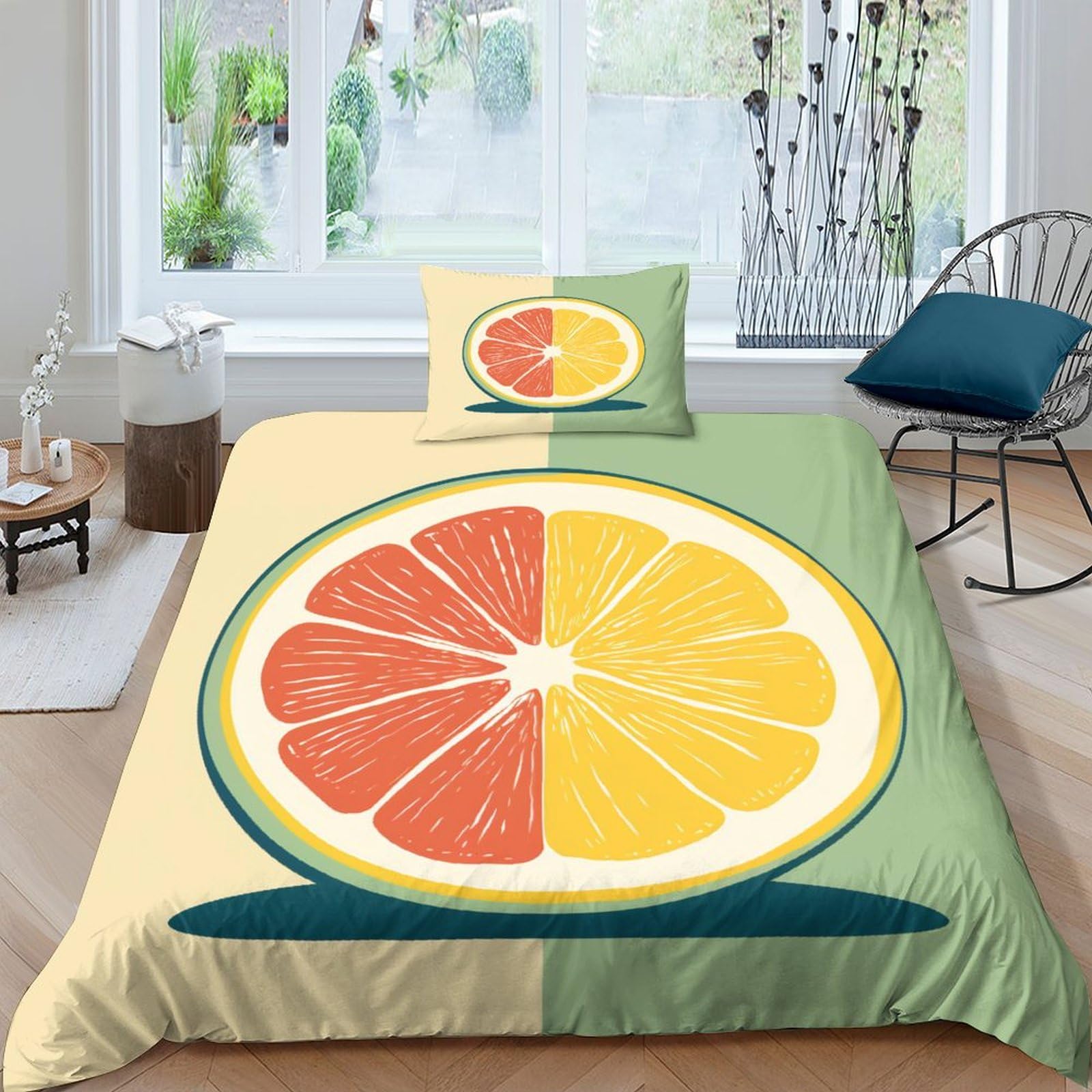 Parure de lit zippée 135x200 microfibre anti-plis pour lit simple garçon et adulte motif citron