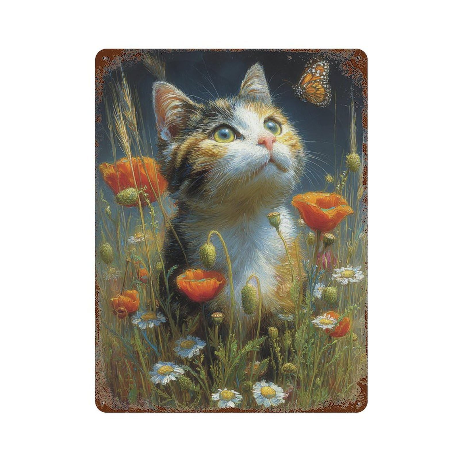 Garage Style Cute Kitten with Flowers Distressed Metal Wall Sign 15.7"x11.8", Rustic Home Decor for Bar And Workshop