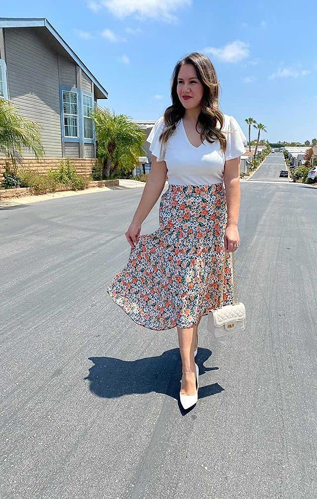 Falda  floral, bohemia, elástica, larga, de cintura alta y acampanada, estilo vintage, fruncida para mujer., Trapecio o corte en A, S, Floral Black 7
