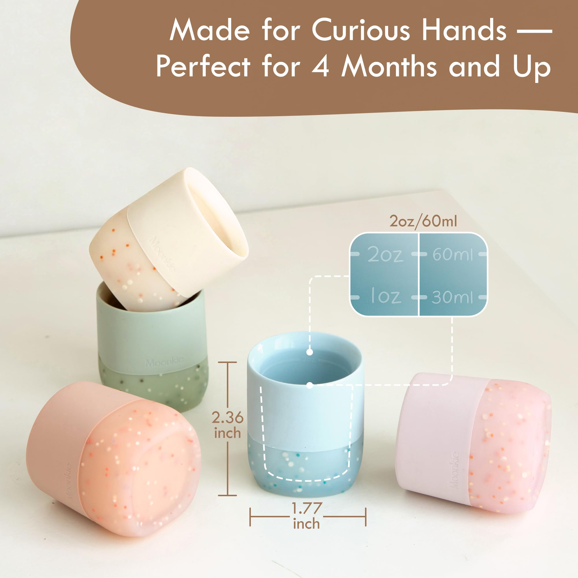 Moonkie Verre Bebe 60ml, Lot de 2 Gobelets en Silicone avec Base Lestée, Tasse Bebe Ouverte pour 4 Mois+, Sans BPA, Compatible Lave-Vaisselle & Micro-ondes(Éther/Menthe)