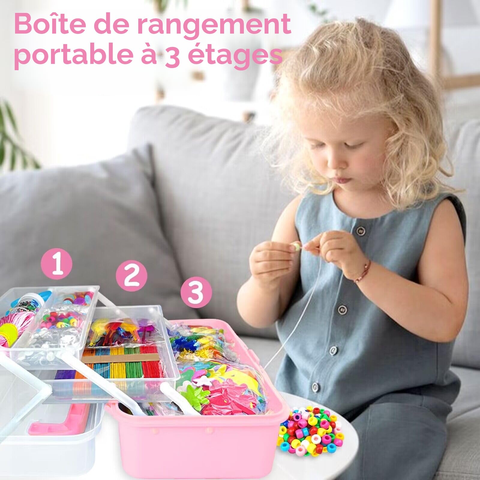 3000 Activites Manuelles pour Enfants Bricolage Enfants Kits de Loisirs Créatifs Boîte de Bricolage à 3 Niveaux avec Pipe Cleaners pour Enfants de 4-6, 6-8, 8-12 ans Cadeaux pour Filles Garçons, Rose