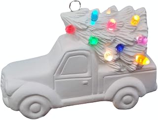 Antique Rustic Red Truck with Christmas Tree and Lights Ornament Ready to Paint Ceramic Bisque