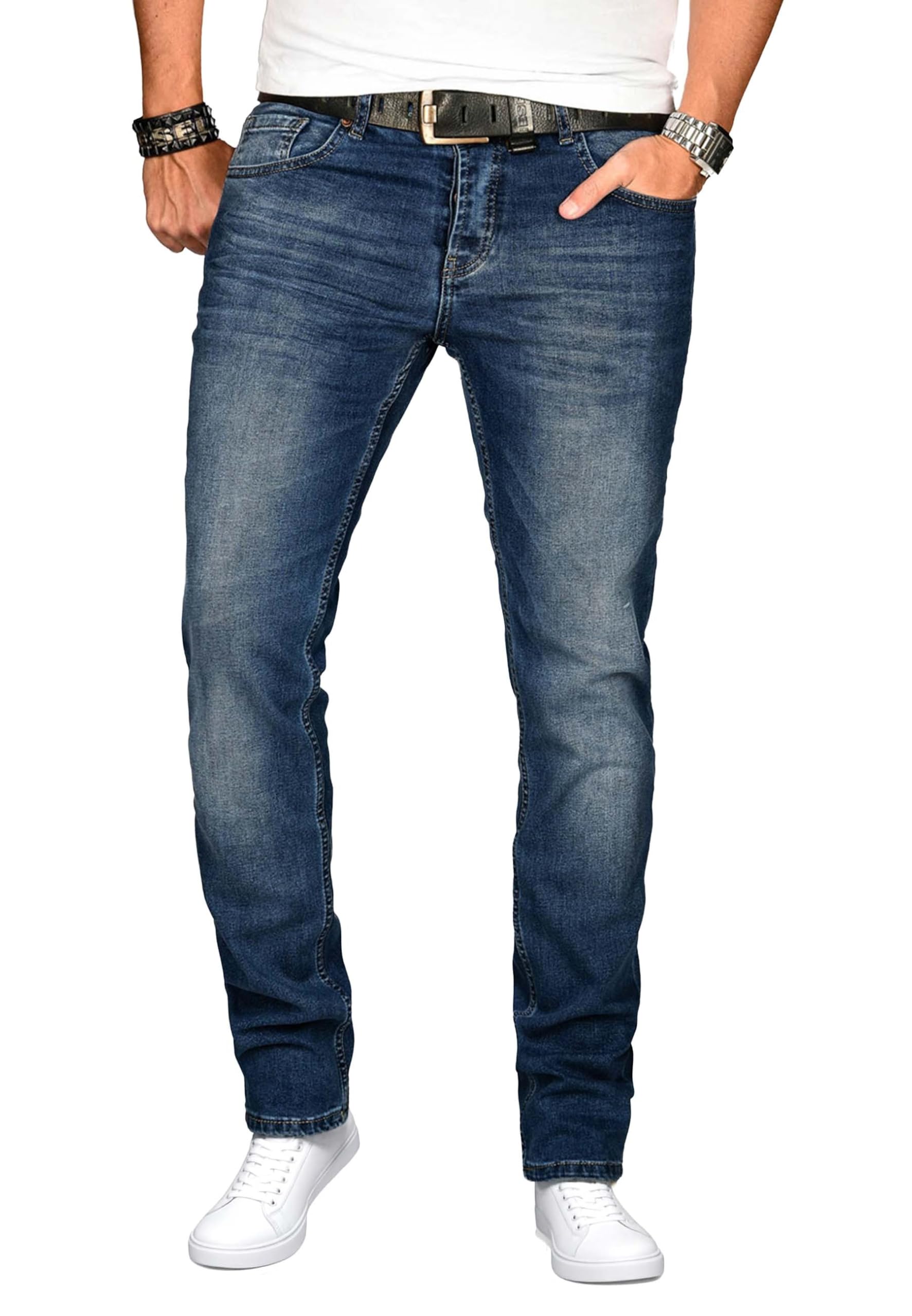 ALESSANDRO SALVARINI Herren Slim Fit Jeans Hose Denim Stretch-Jeans Jeanshose Washed [AS-173M1-Blau-W32 L32]