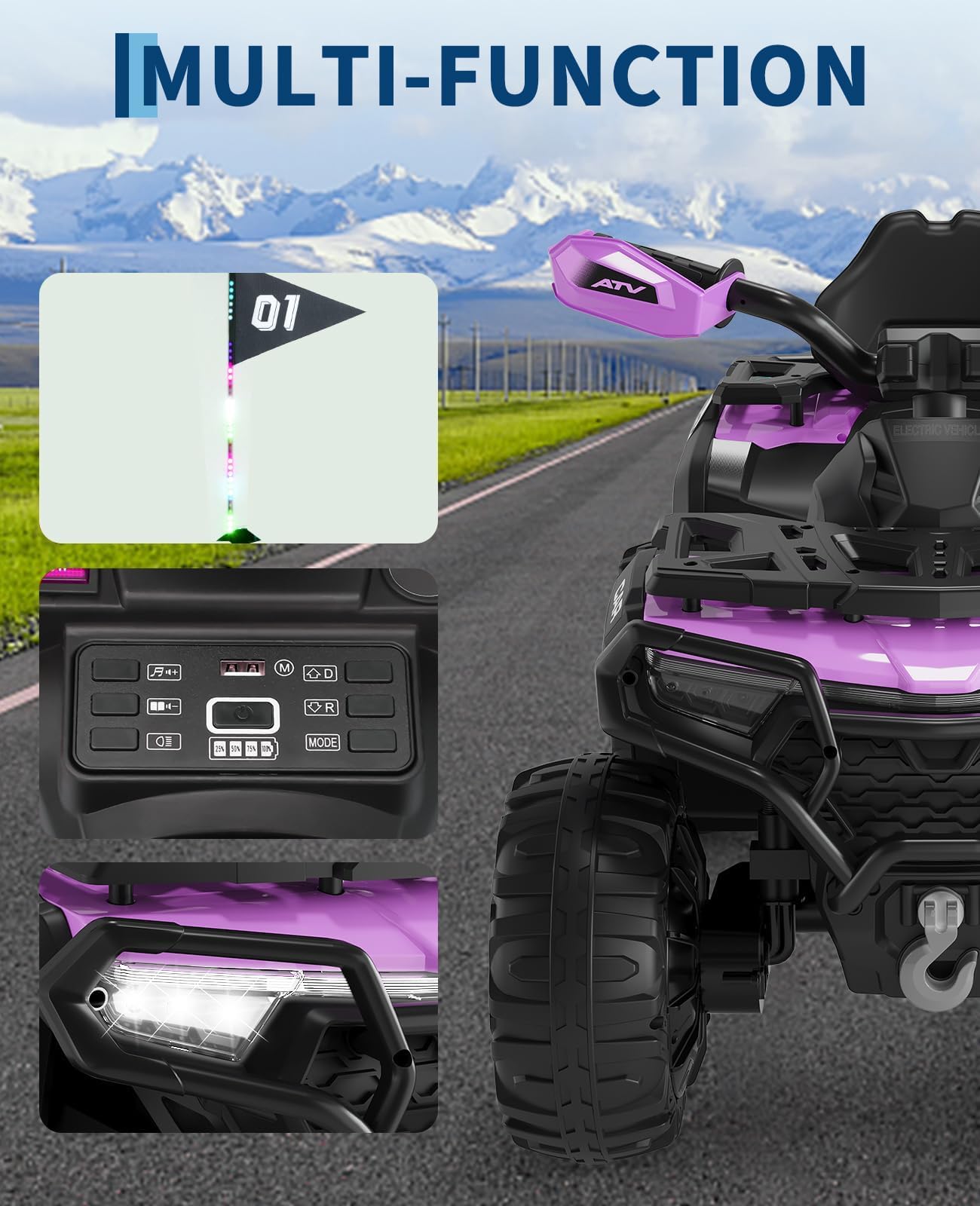 GarveeMore Quad Eléctrico Infantil 12V 4x4 con 2 Motores - Coche Niño Azul Marino con Control Remoto Parental, Suspensión, Faros LED, Música USB para Niños de 3 a 6 Años — view 3