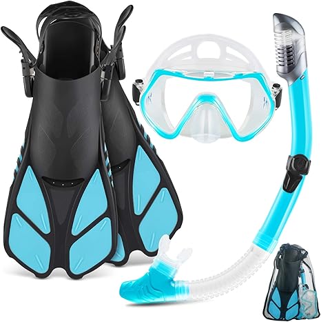 ZEEPORTE Schnorchel-Set mit Schnorchelausrüstung, Panorama-Sichtmaske, Trekkingflossen ...