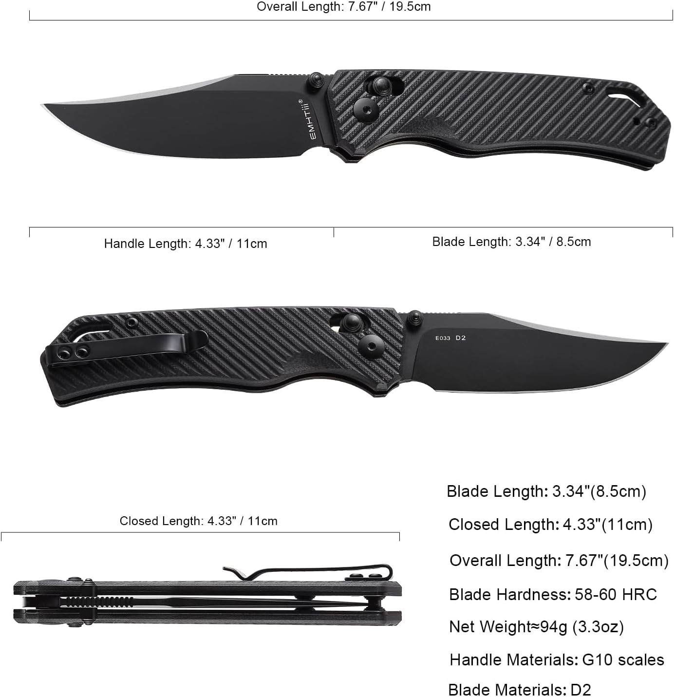 Folding Pocket Knife with Reversible Clip: D2 Steel Black Clip Point Blade,Thumb Stud, Crossbar Axis Lock, G10 Handle Scales, Small EDC Knives Camping for Men Women E033, Black