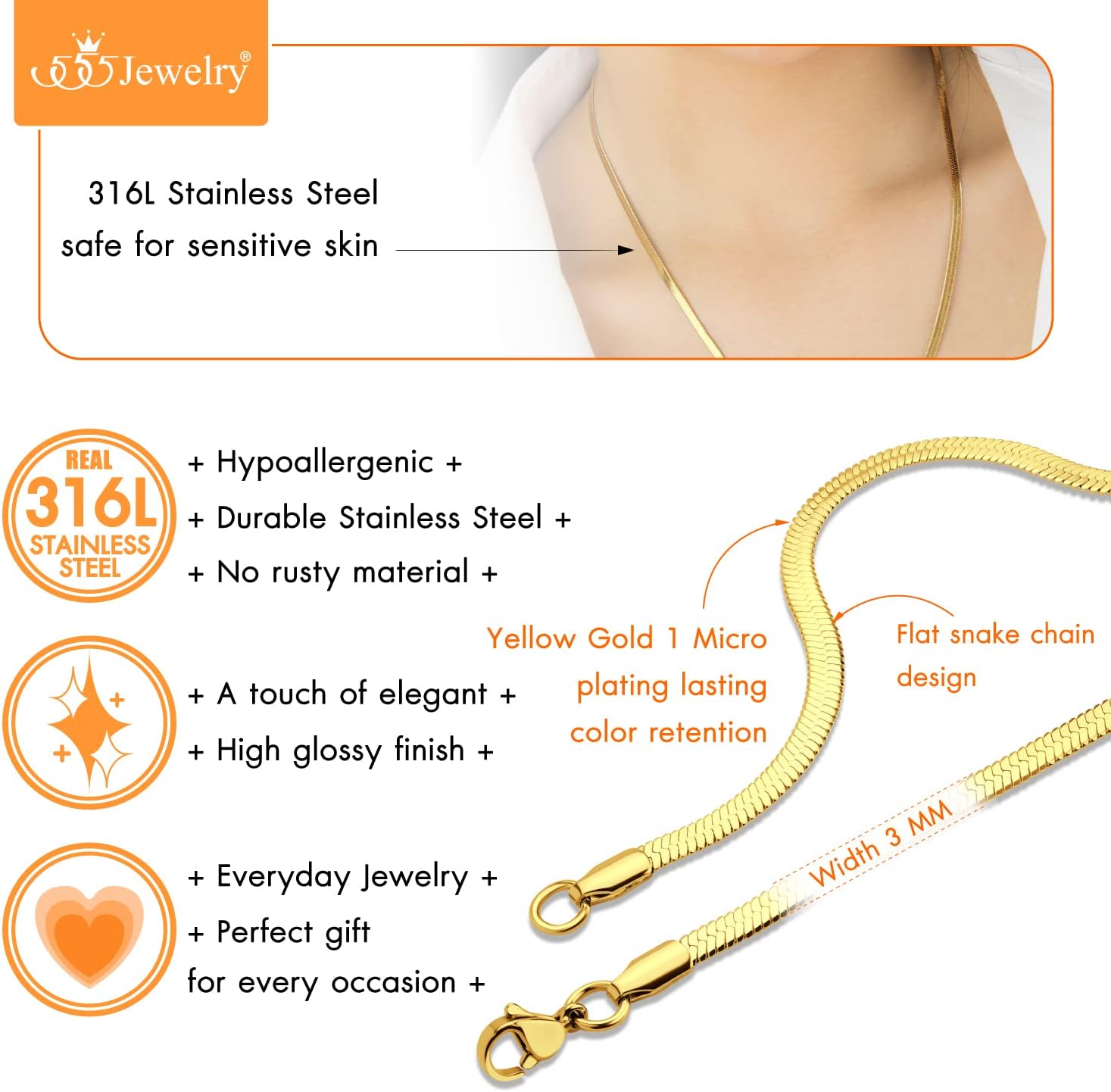 555Jewelry Stainless Steel Flat Herringbone Snake Chain Necklace for Men & Women - Image 6