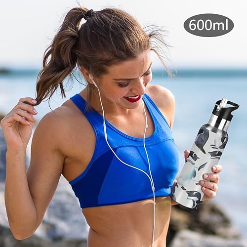 Vista 12 de Botella de agua de acero inoxidable con aislamiento al vacío, diseño de remolino, diseño de espiral, diseño abstracto retro, con popote y asa