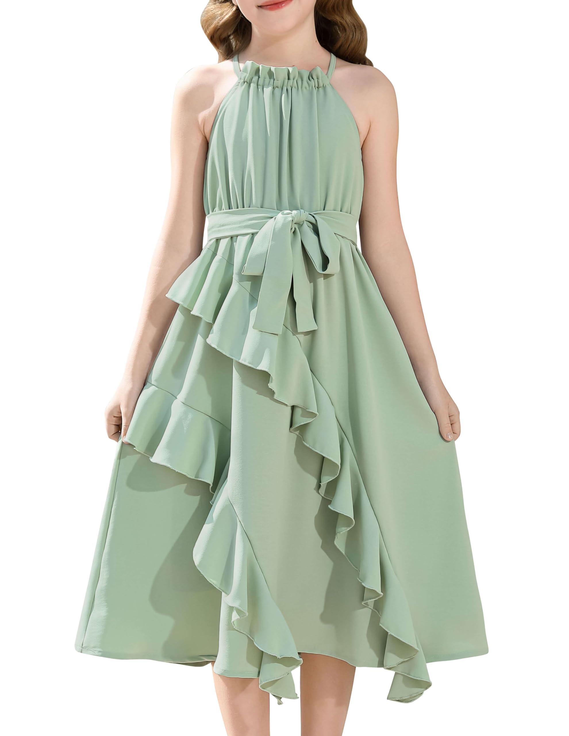 Tween Girls Dresses Halter Tie Back Tiered Ruffle A-Line Flowy Dress Summer Sleeveless Sundress Size 5-14 Years