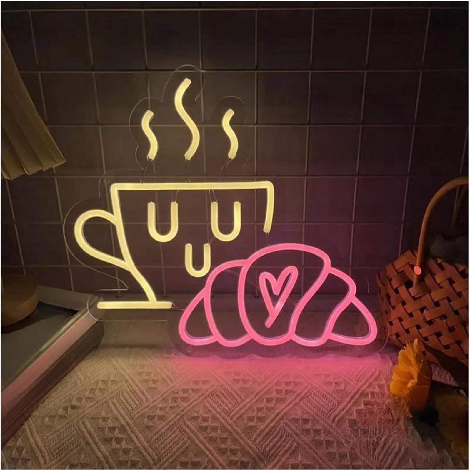 Aextroi neon Lights Sign Neon Sign Coffee Bread Croissant Breakfast Shop Decoration Party Wall Hanging Led Lights(30cmx27cm)