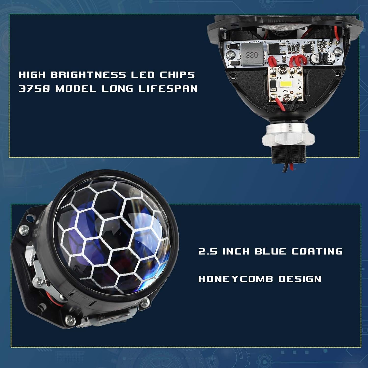 2.5Inch Mini Blue Honeycomb Projector Lens,Car Headlight Retrofit Kit with Black Shrouds,70W 20,000LM 6000K-Focus Beam with Sharp Cut off Line No Blind Oncoming Car Upgrade Bi-Xenon Projector Lens