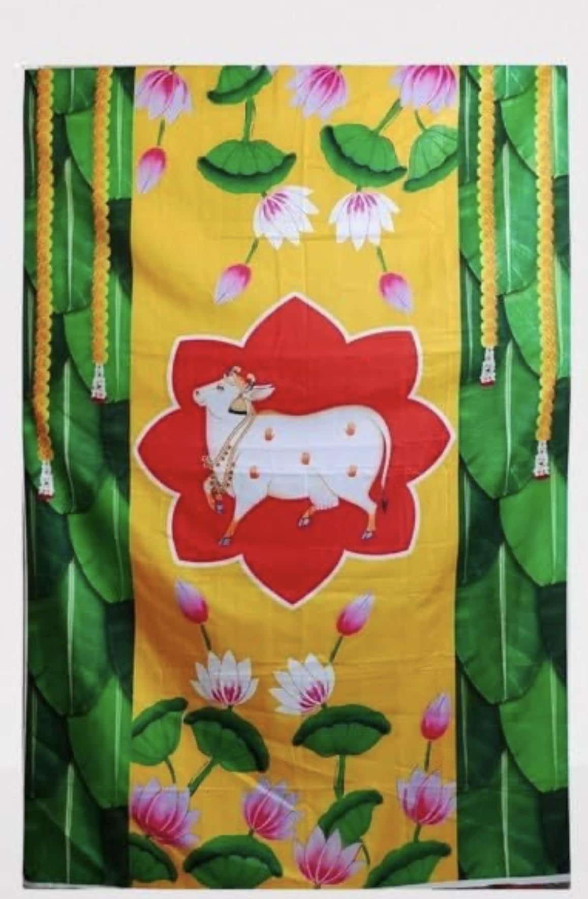 Pichwai Dhenu Cow Indian Photo Backdrop Traditional Decoration Banana Leaf Cloth Pooja Ganesha Decoration Home Temple Backdrop (5x8FT) Navratri Gollu Diwali Photo Booth Props