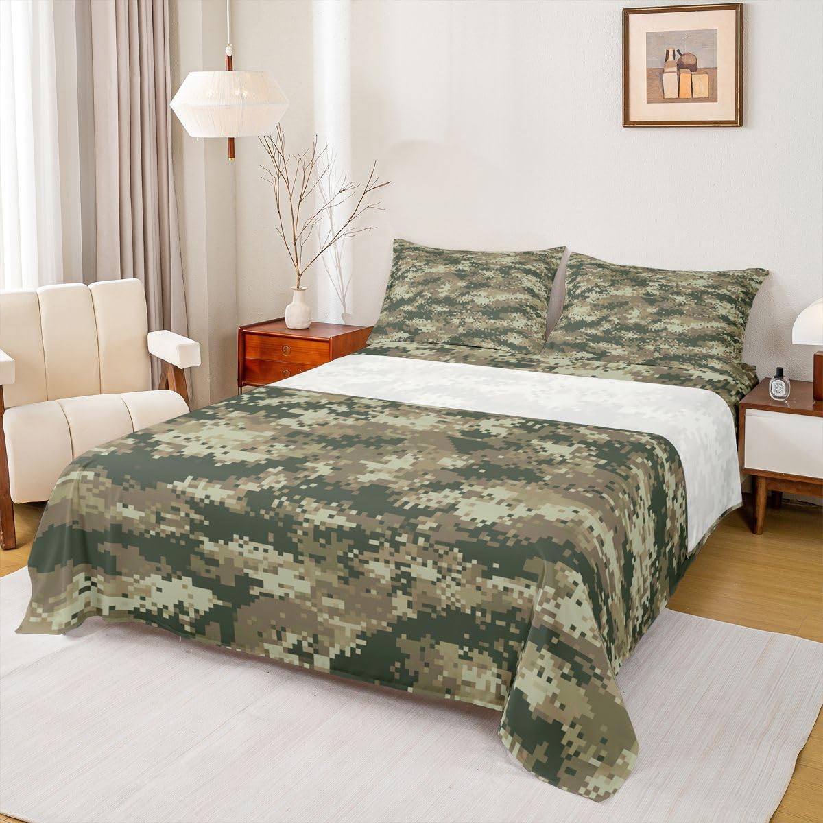 Green Camouflage Bed Sheet Set Queen Size,Geometric Abstract Army Camo Bedding Set for Kids Men Boys Adult Room Decor,Army Soldier Lovers Fitted Sheet