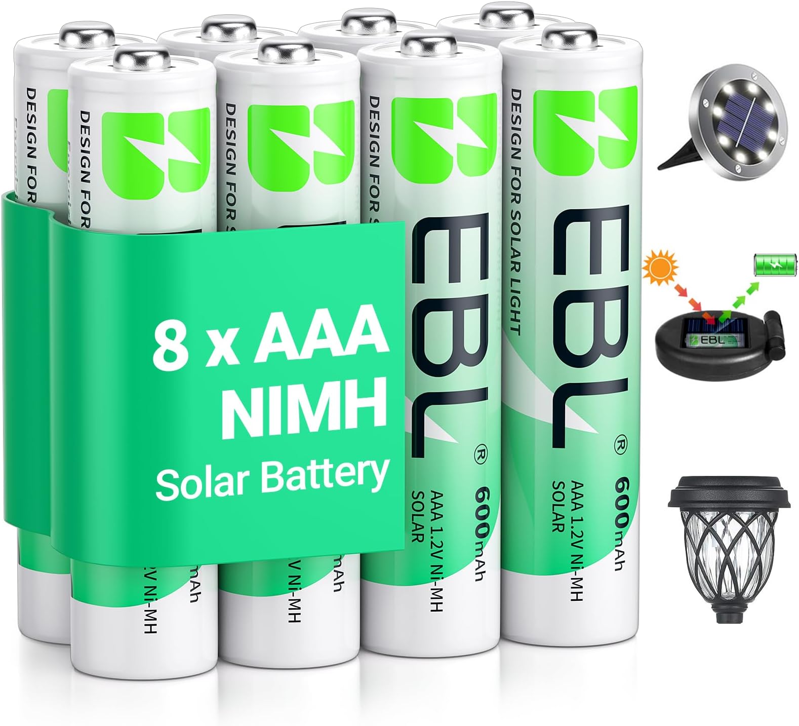EBL Solar AAA Battery for Outdoor Solar Lights Replacement 1.2V 600mAh Rechargeable AAA Batteries Triple A Battery for Gaming Controller, RC Remote, Toys (Pack of 8)
