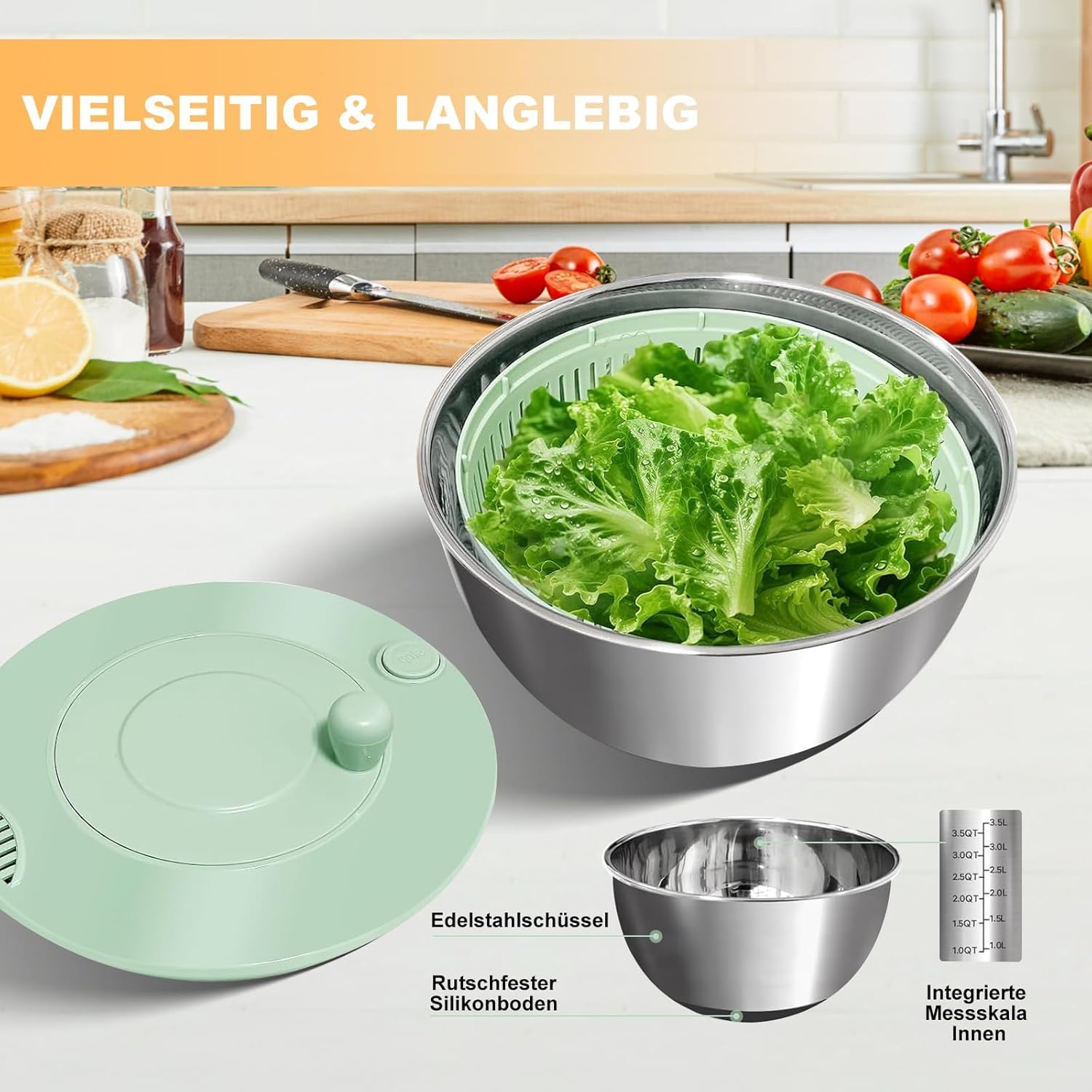 Souvik Centrifugadora de Lechuga en Acero Inoxidable, 5L Grande Escurridor de Ensalada con Tapa, Base Antideslizante, 6 Accesorios, Apta para Lavavajillas, Escurridor Verduras