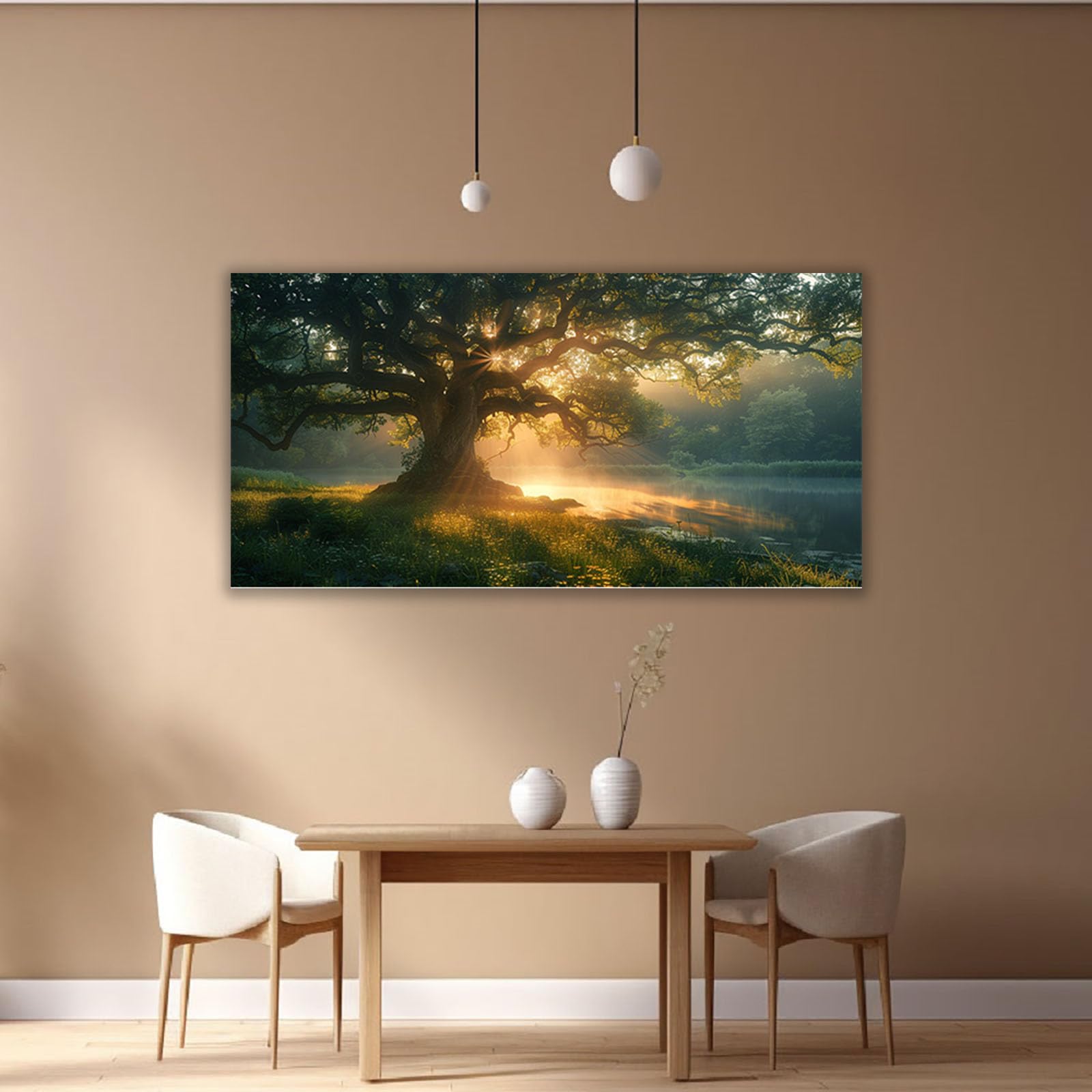 WIKEO Tableau Murale Salon Moderne murale du lac l’arbre de la nature Arbre De Vie Nature Paysage Impression Sur Toile, Decoration Murale Chambre Salle De Bain Cuisine Bureau-50x100cm Encadrée