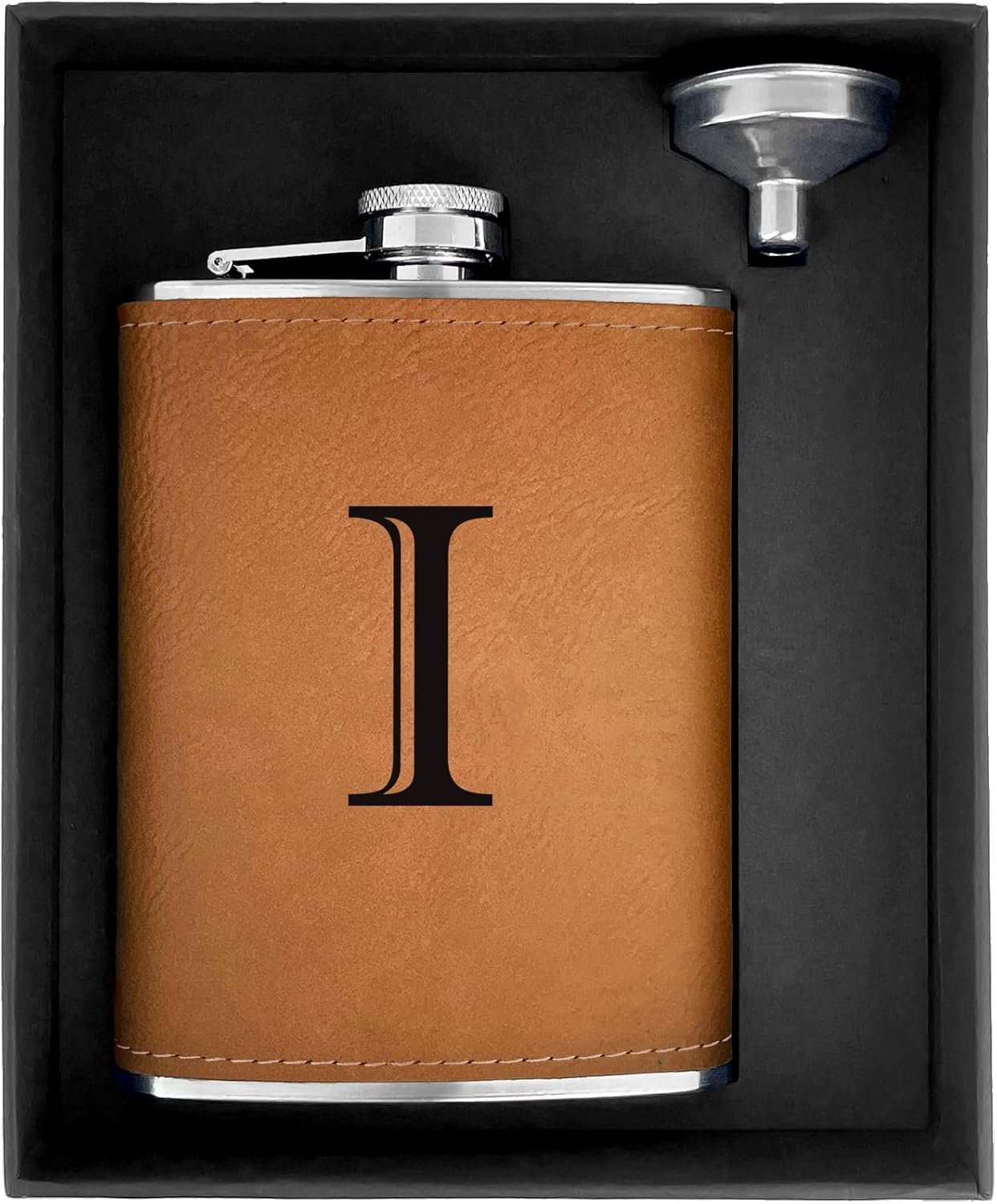 CARAKNOTS Hip Flasks for Liquor for Men Leather Drinking Whiskey Flask with Initials Engraved Stainless Steel with Funnel 8 OZ Personalized Christmas Birthday Gifts for Dad Him Letter I