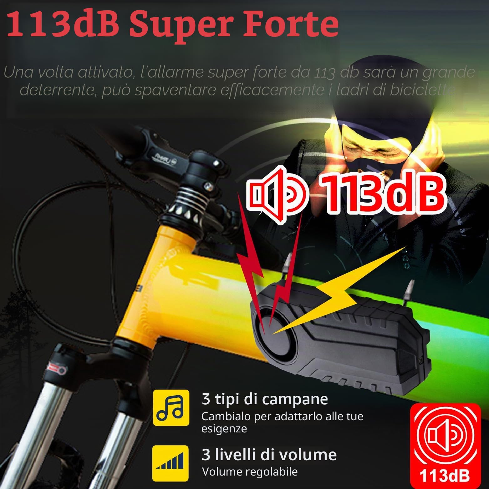 Mengshen Allarme per bicicletta da 113 dB, wireless, con sensore di movimento a vibrazione, impermeabile, con sistema di allarme di sicurezza remoto, per bici, scooter, auto (4 sensori con 2