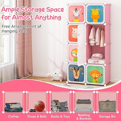 Miniatura 42 de HONEY JOY Armario para niños, organizador de almacenamiento de ropa de dibujos animados para bebés, 8 cubos y 2 secciones para colgar, armario