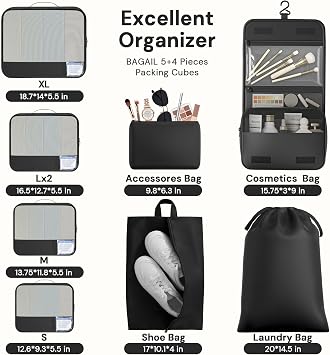 BAGAIL 9 Set Packing Cubes with Packing List Luggage Packing Organizers for Travel Accessories (Black)
