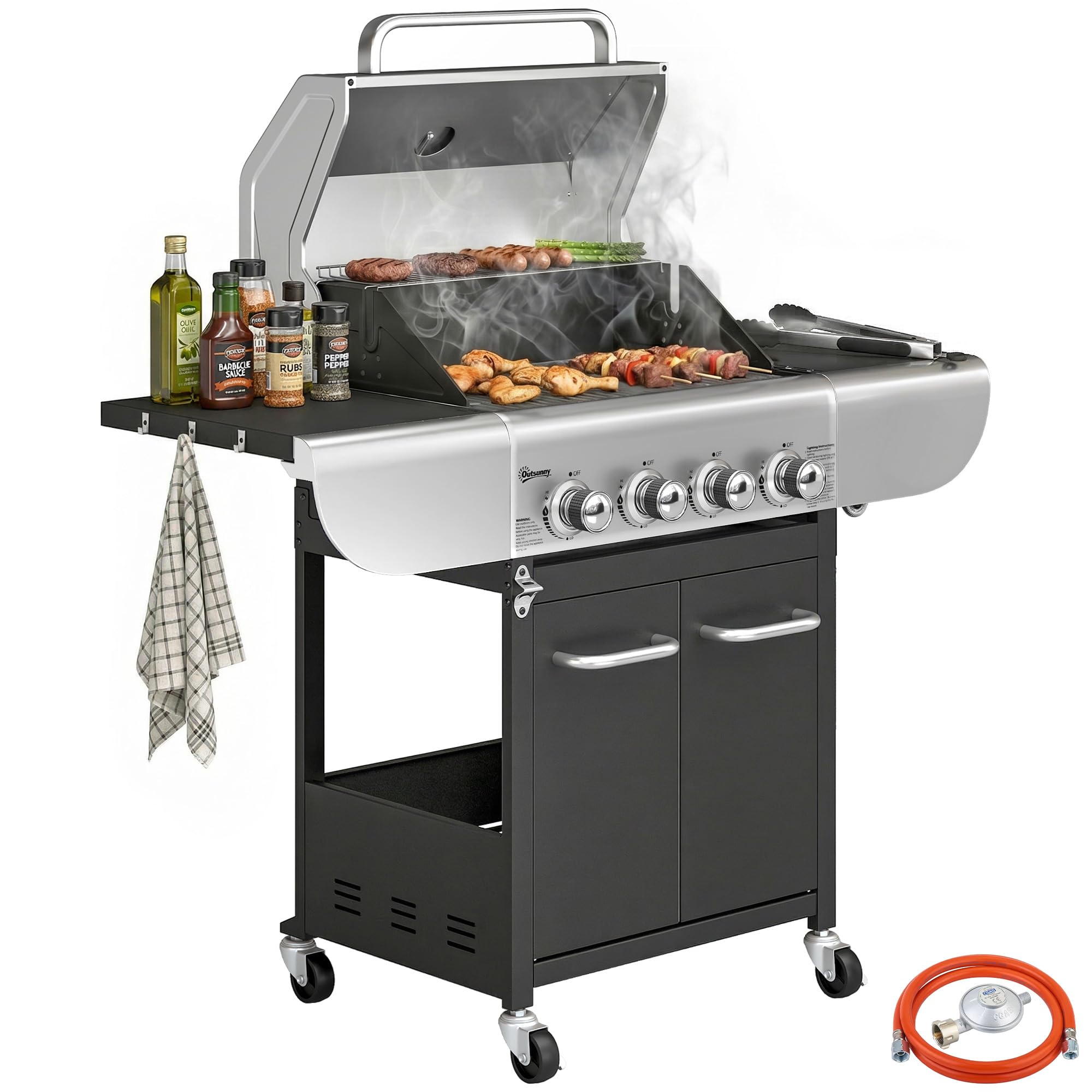 Outsunny Barbacoa de Gas BBQ Gas con 4 Quemadores 12,8 kW Barbacoa Portátil con Termómetro Mesas Laterales Armario Rejilla Calentadora Acero Parrillas de Hierro Fundido Recogedor Grasa 4 Ruedas Negro