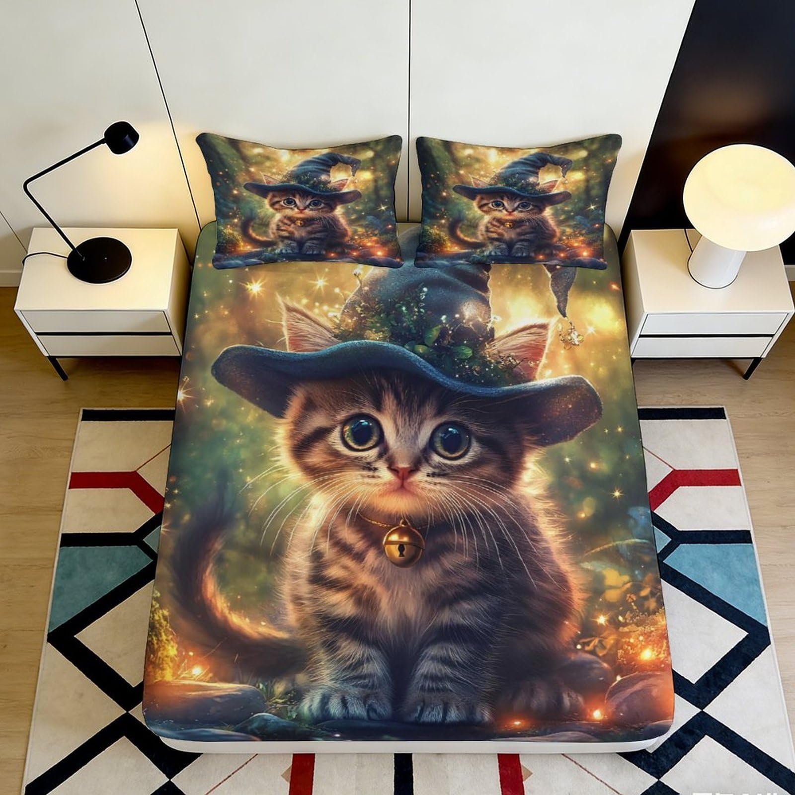 3D Printed Cute Cat Fitted Sheet Microfiber Soft Breathable Wizard Hat Mattress Cover for Bedroom Guest Room Decor 90x200x25cm