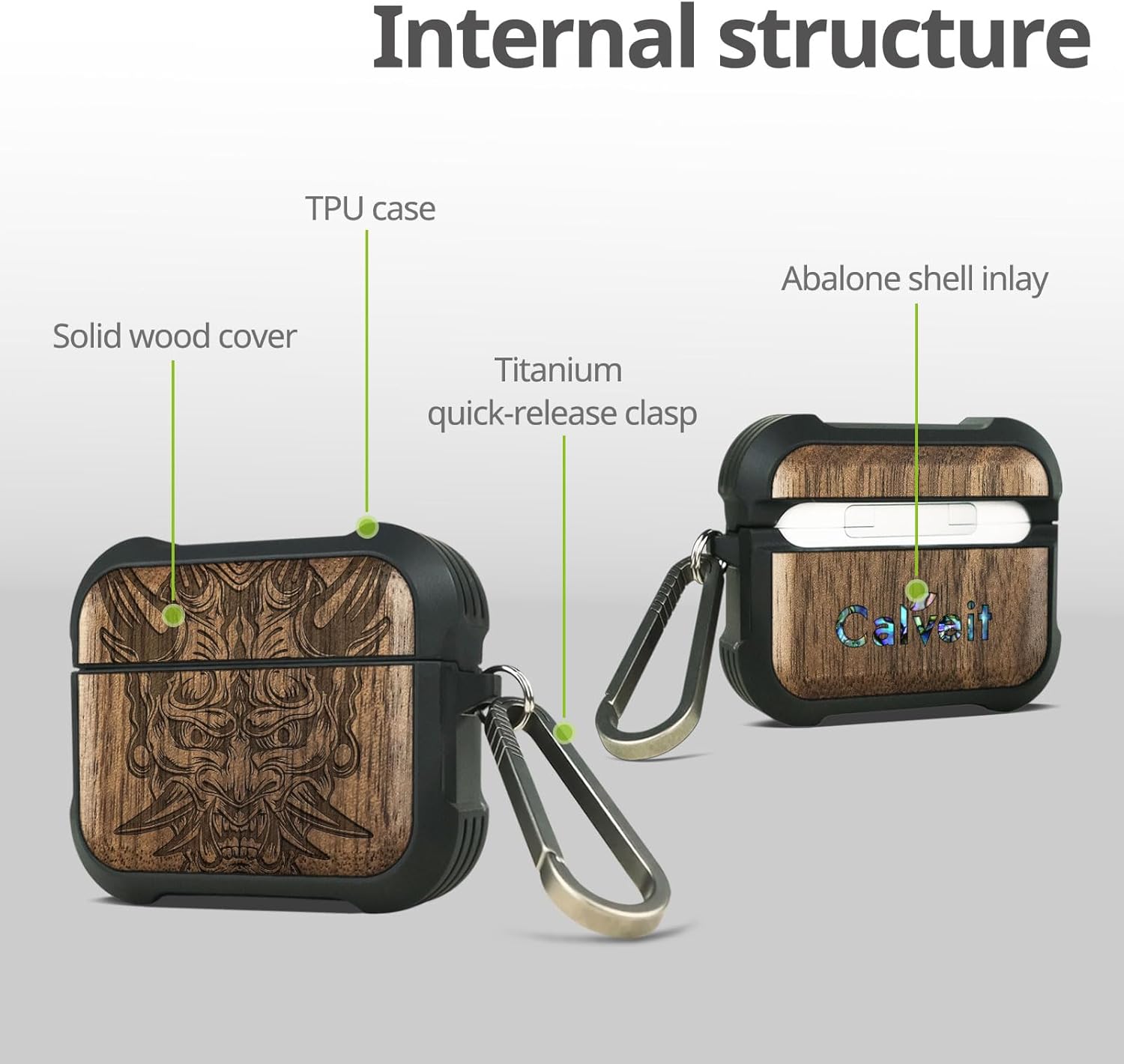 Carveit Wooden Case for AirPods Pro 2nd/1st Gen Case, Wood Artisan Engraved & TPU Shockproof Cover, Titanium Quick Released Clasp, Wireless Chargers Compatible (Japanese Oni Mask) Walnut