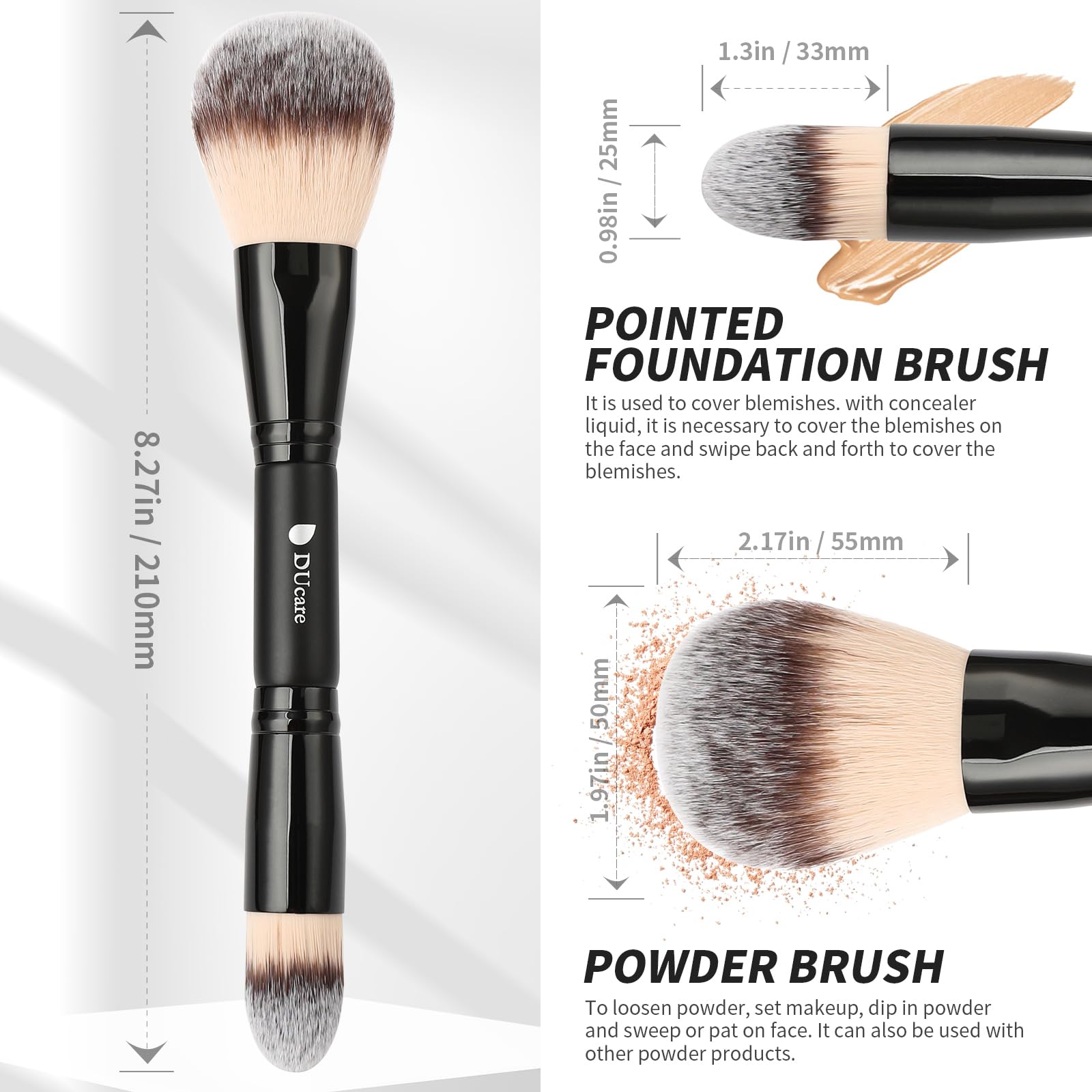 DUcare Fluffy Powder Brush, Double-Ended Large Loose Powder Brush with Precision Foundation Brush - Image 2