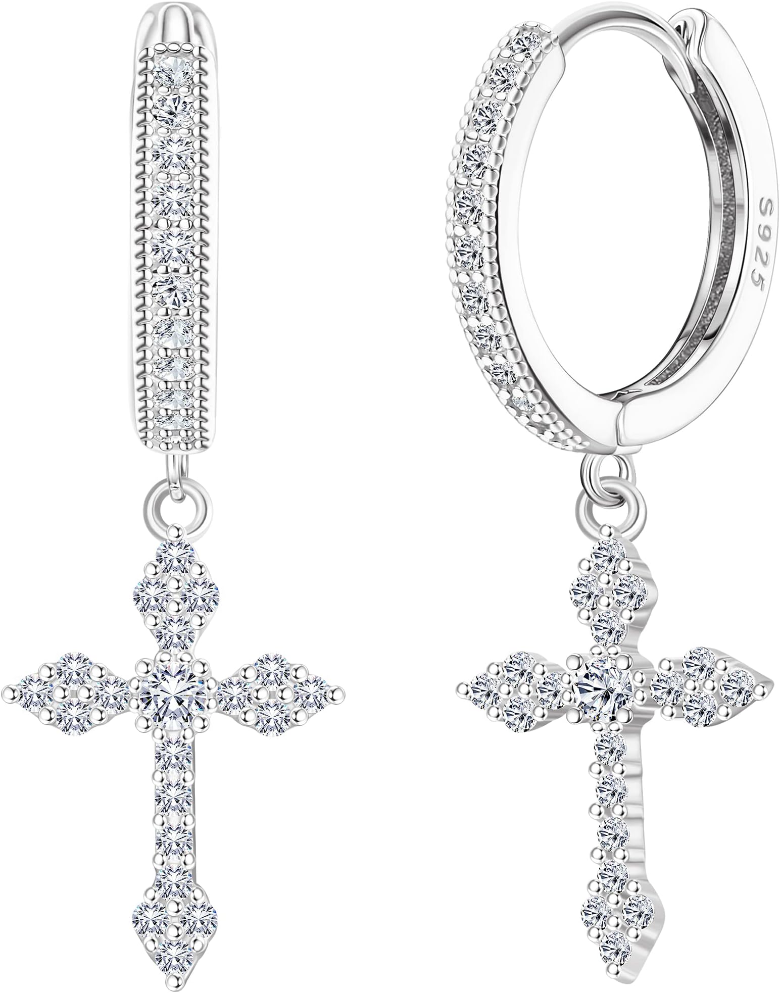 MILACOLATOMilacolato 925 Sterling Silver Cross Earrings for Men Women Dainty CZ Huggie Hoop Earrings Iced Out Cross Dangle Earrings Lightweight Huggie Cuff Dangle Earrings for Men Women