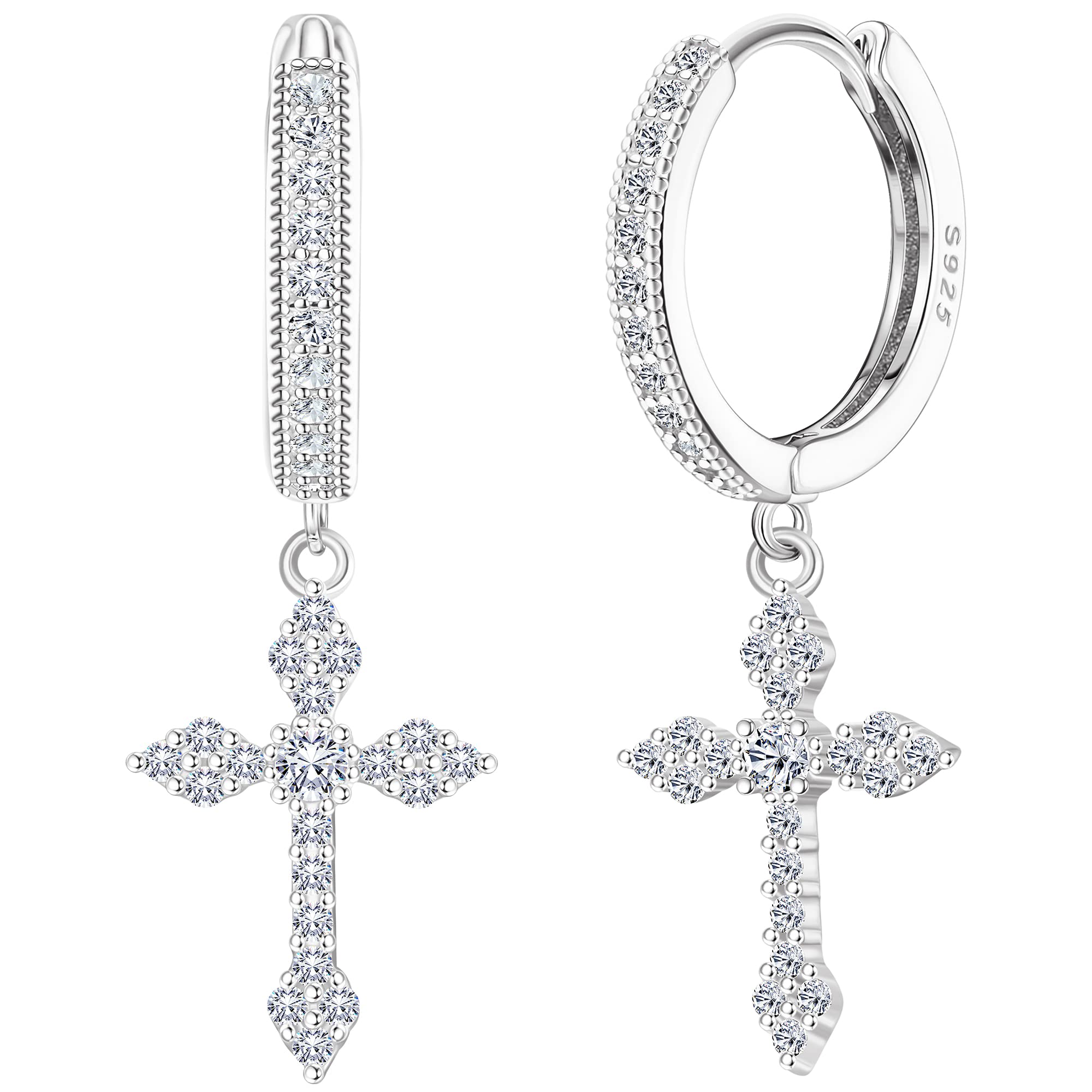 MILACOLATOMilacolato 925 Sterling Silver Cross Earrings for Men Women Dainty CZ Huggie Hoop Earrings Iced Out Cross Dangle Earrings Lightweight Huggie Cuff Dangle Earrings for Men Women