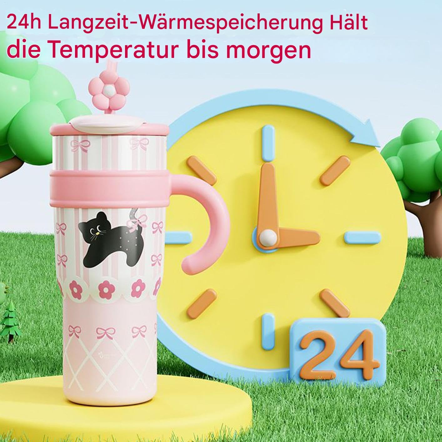 Edelstahl Trinkflasche Wiederverwendbare Flasche Mit Süßem Griff Für Heiße | Isolierte Sportflasche Mit Strohhalm 1200 ml Für Heißen Tee Kaltgetränk Reise Sport Schule