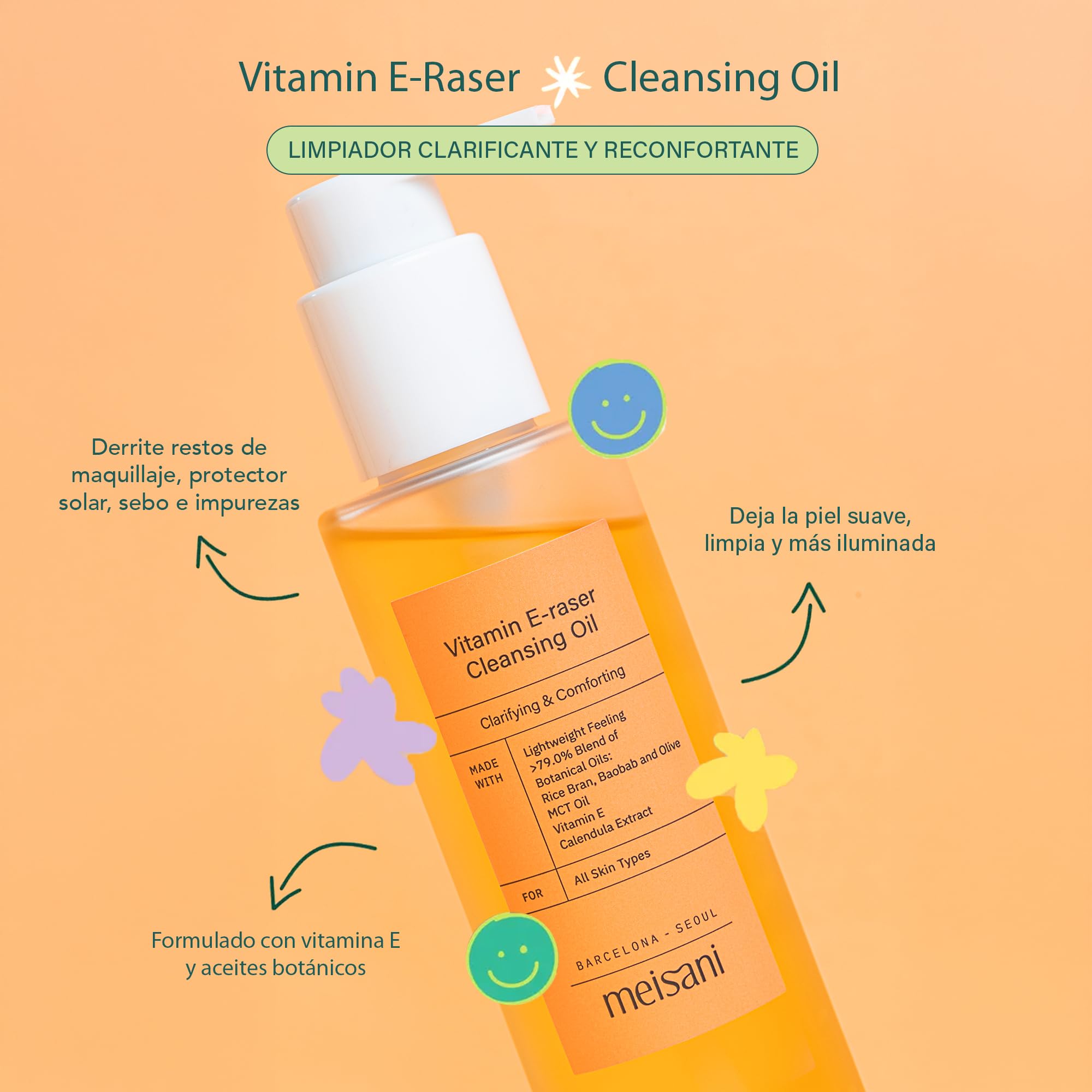 Meisani Vitamin E-raser Cleansing Oil - Aceite Limpiador Botánico Suave con Salvado de Arroz, Baobab, Aceite de Oliva y Vitamina E | Cosmética Vegana Coreana | 150ml