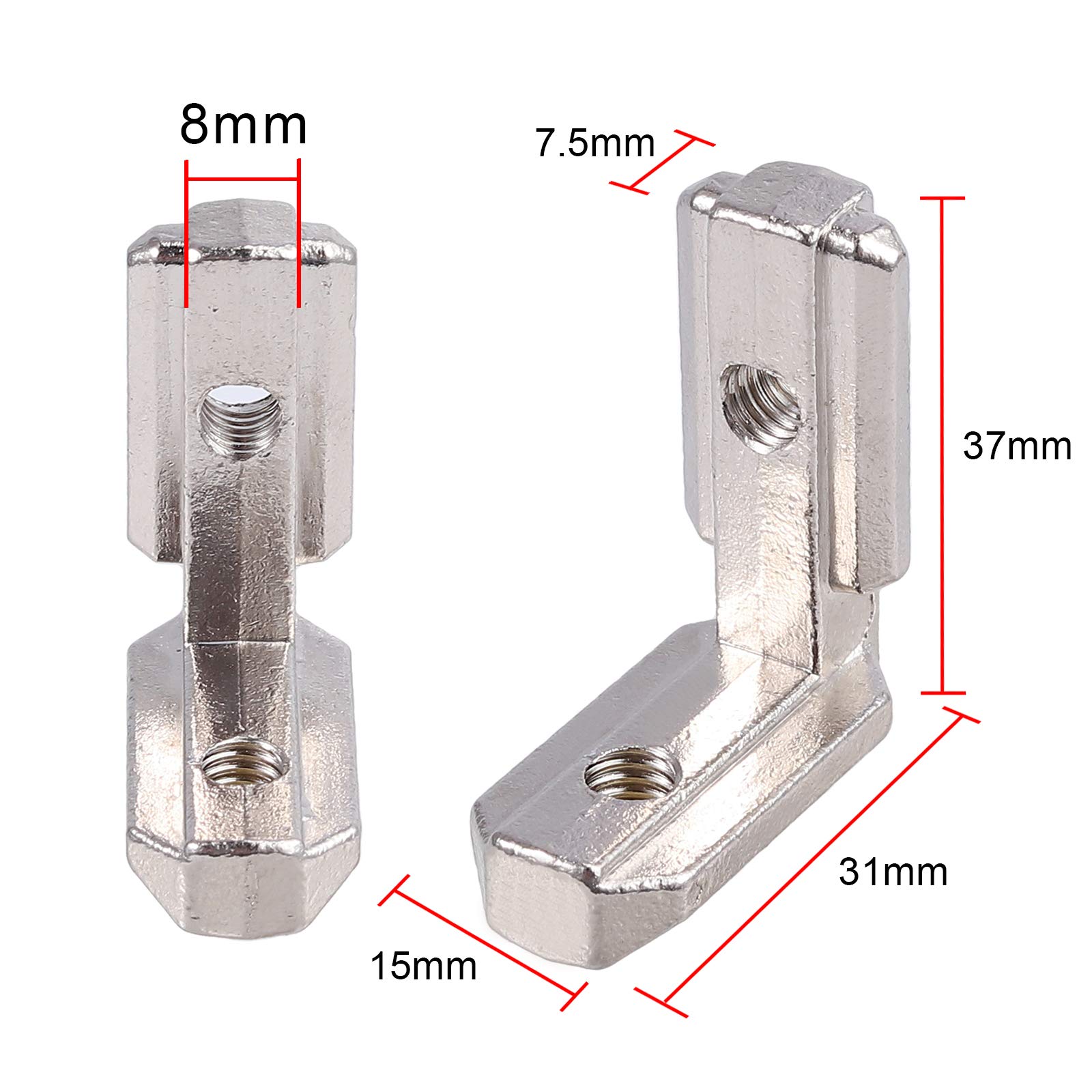 Justech 40 x T Slot T-Nut 90° kształt L stop cynku profil 3030 rowki 8 rowków ze stopu cynku zaciski wewnętrzne połączenie kątowe łącznik kątowy ze śrubami