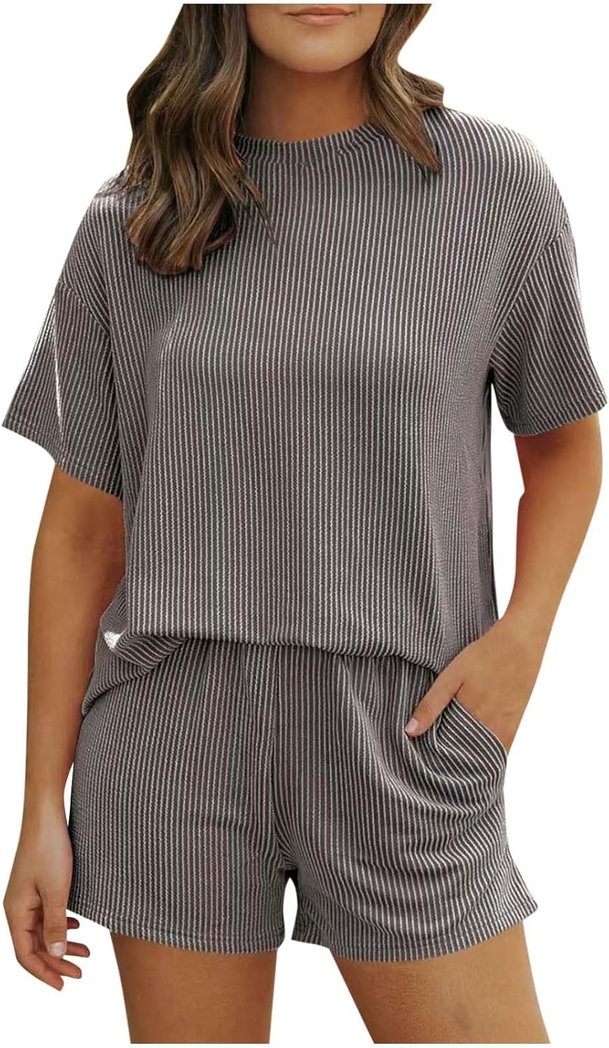 Womens Short Sets Ribbed Knit 2 Piece Summer Beach Vacation Short Sleeve T-shirts Elastic Waist Shorts Matching Set