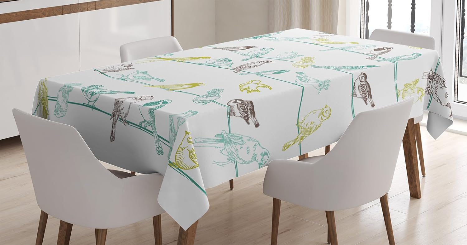 Ambesonne Birds Tablecloth, Various Type of Birds Sitting and Chirping on Wires Musical Creatures Print, Rectangular Table Cover for Dining Room Kitchen Decor, 60" X 84", Green and Brown 60" X 84" Green and Brown