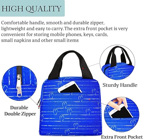 Miniatura 2 de bisibuy Loncheras con diseño de rayas de corazón para mujer, color azul, a prueba de fugas, aisladas, estéticas, con cremallera, reutilizable, bolsa