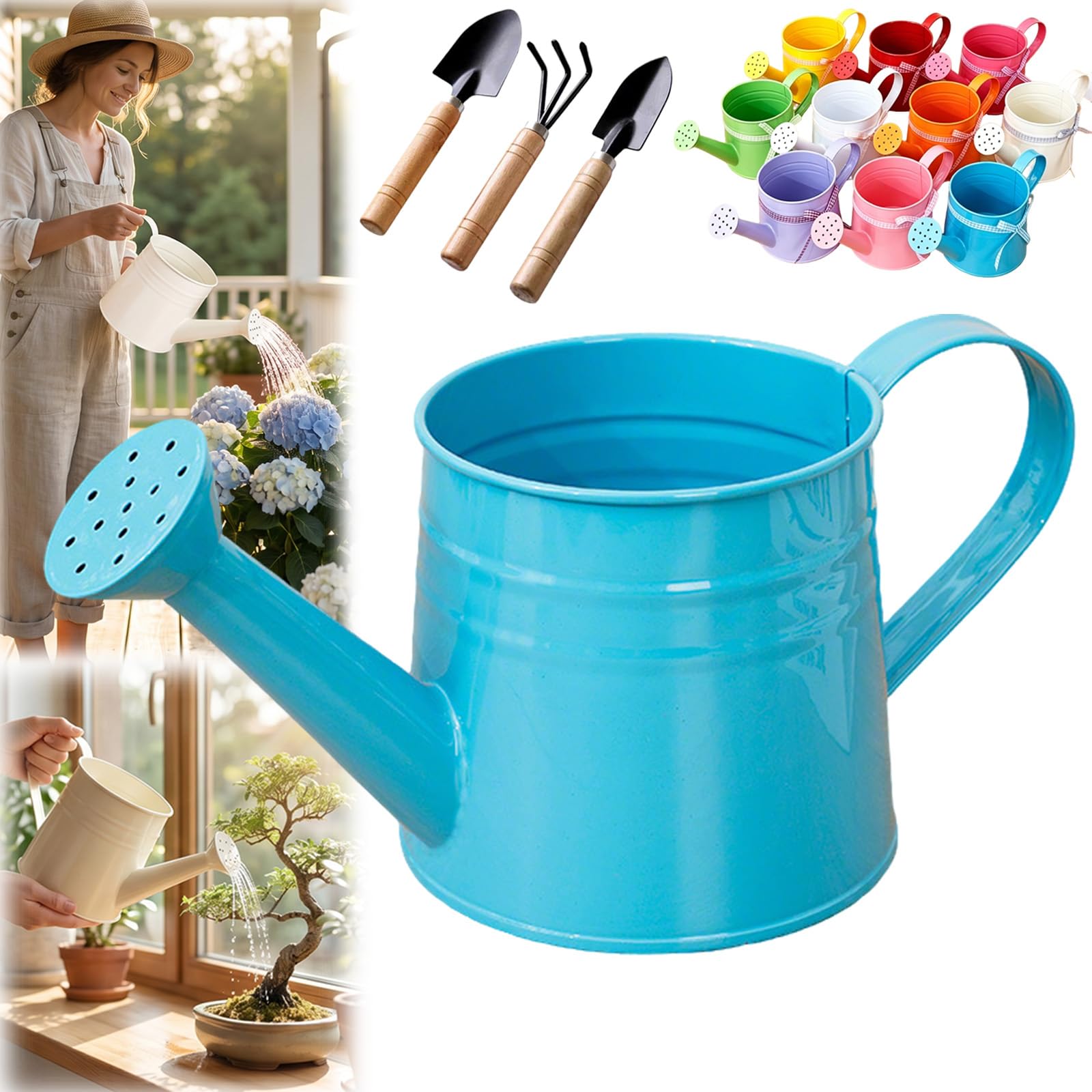 White Watering Can Metal, 1L Vintage Galvanized Sprinkler Can, Rustproof & Leak-Resistant, Ideal for Indoor & Outdoor Plants, Lawn, Garden – Durable Gardening Tool for Home & Office (Blue)