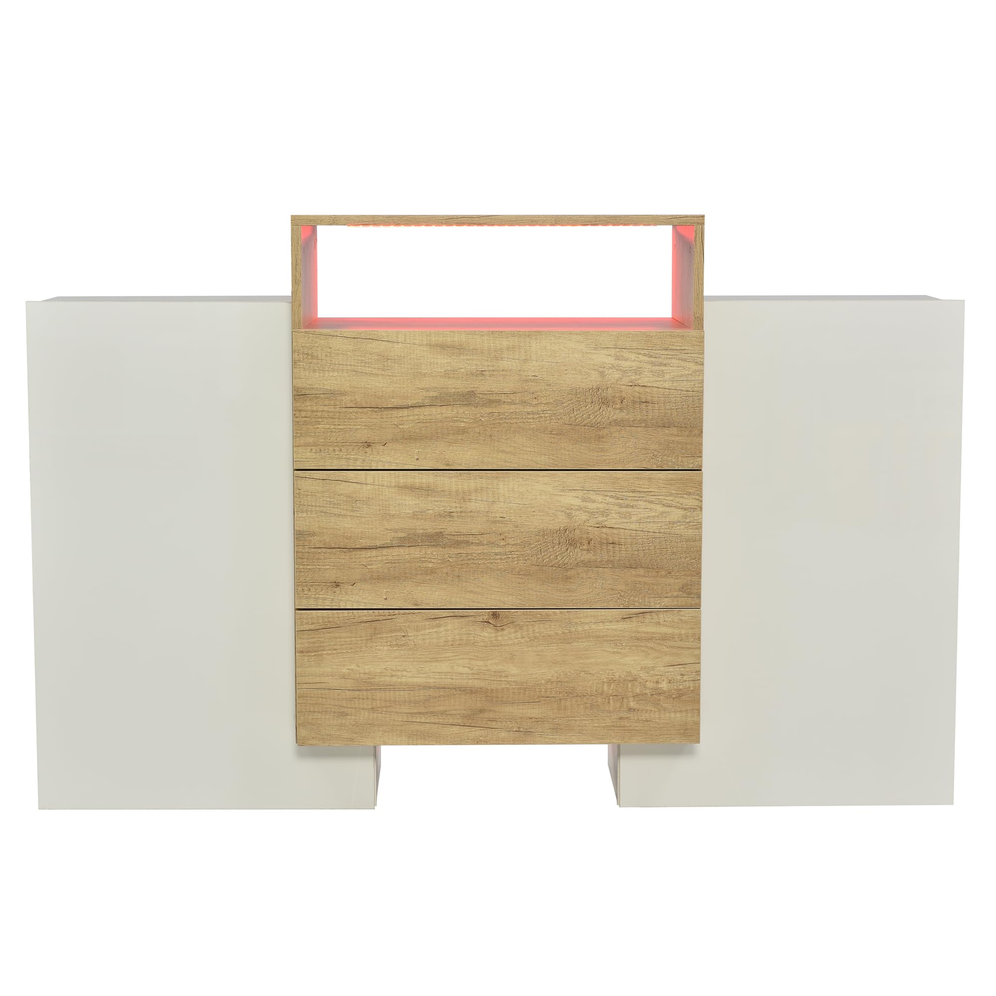 BTM Sideboard, 140 Kommode LED mit 3 Schubladen & 2 Türen, Moderne Glänzend Schrank Wohnzimmer, Hohe 140x30x90 cm, Weiss & Holz