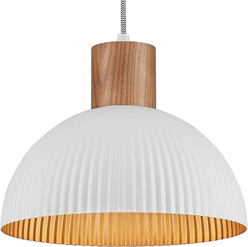 Miniatura 1 de ELYONA Moderna lámpara colgante de madera de fresno de 12 pulgadas, lámpara colgante nórdica de metal blanco y acabado interior dorado, lámpara