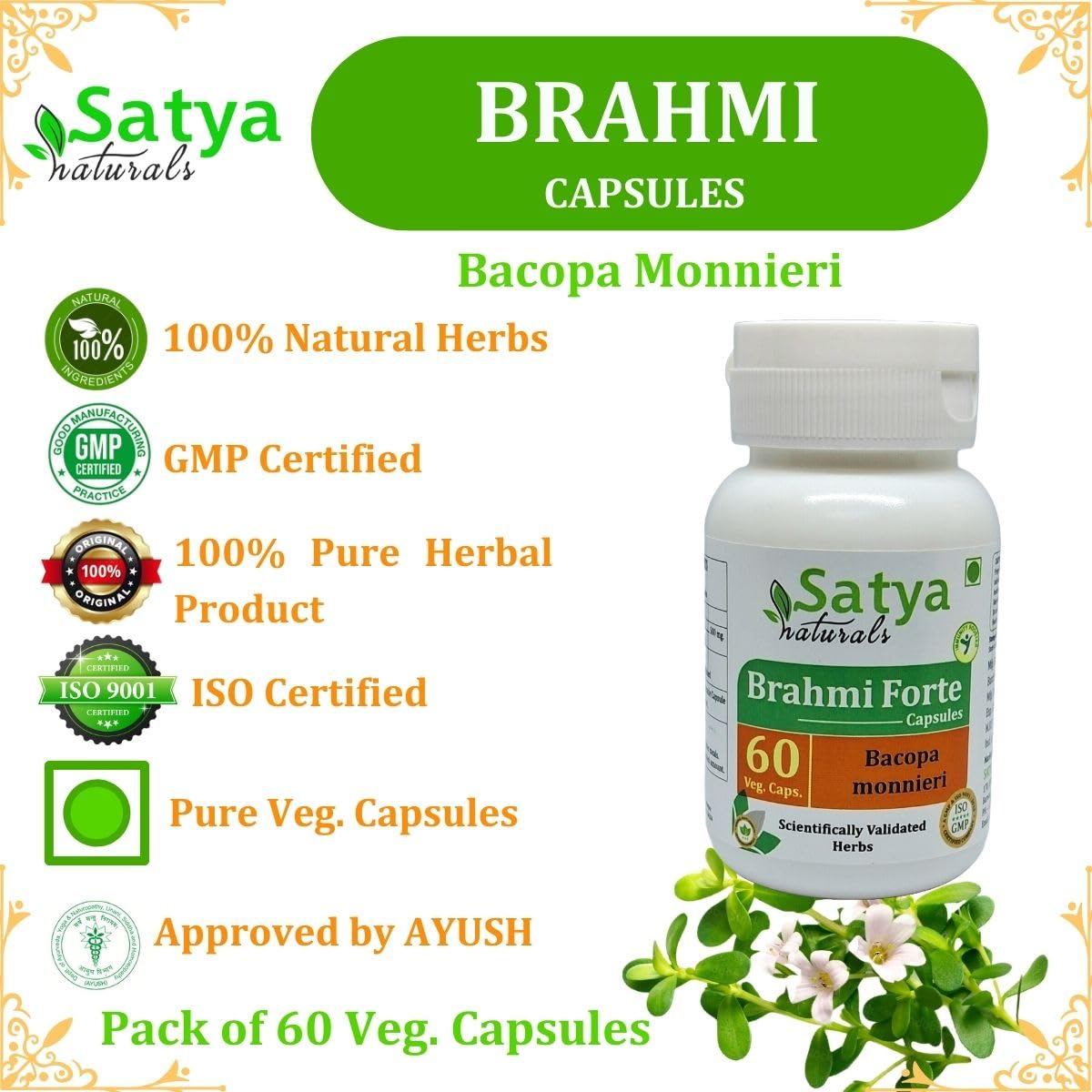 Bacopa Monnieri (Brahmi) Extract Capsules | Highest Potency, 100% Herbal Product | Pack of 60 X 500 mg. Veg. Capsules (Pack of 1 Bottle) — Amazon image 4