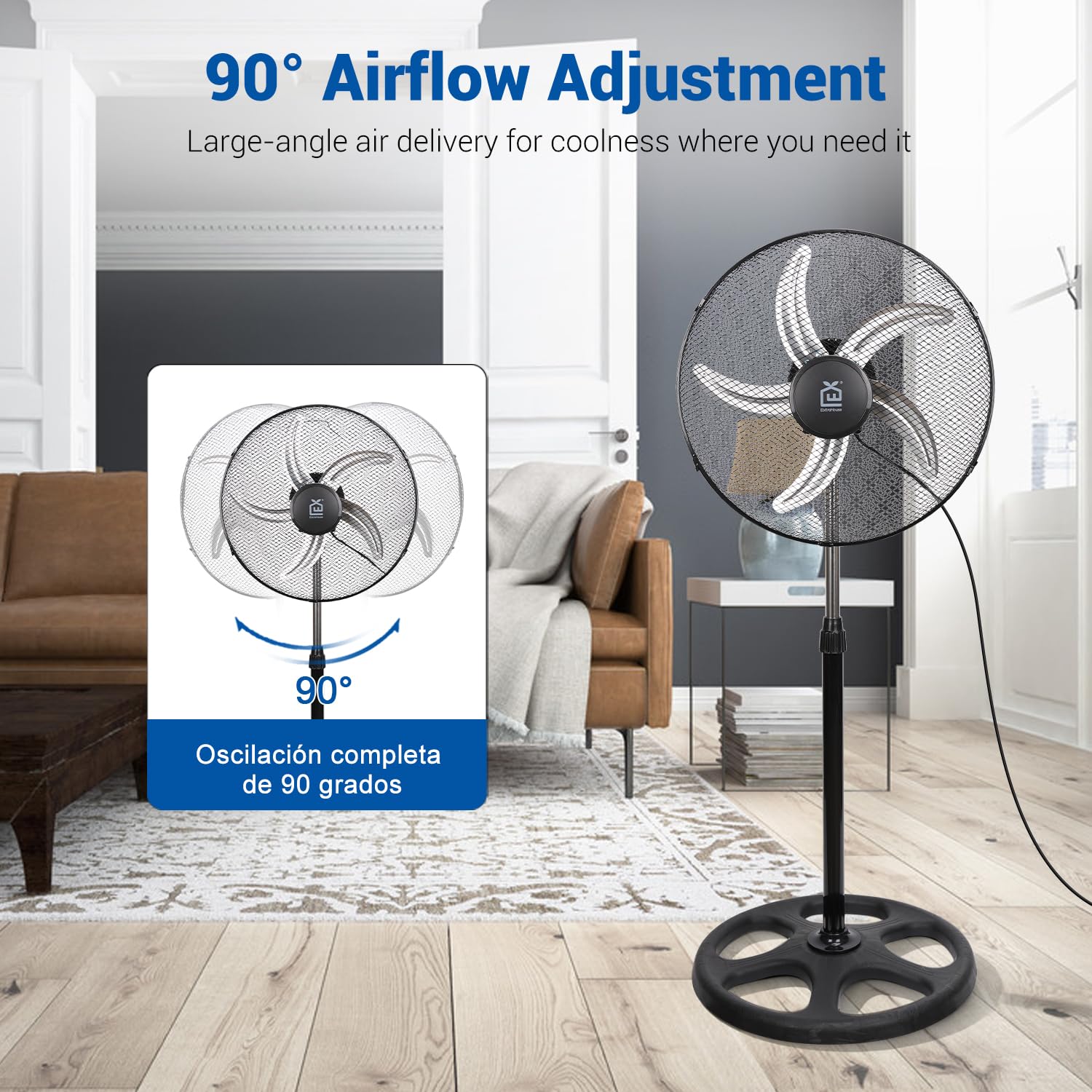 Ventilatore a terra con altezza regolabile da 101 a 130 cm, 3 velocità (bassa, media, forte), oscillazione a 90°, griglia di sicurezza antincagli, lotto da 2.