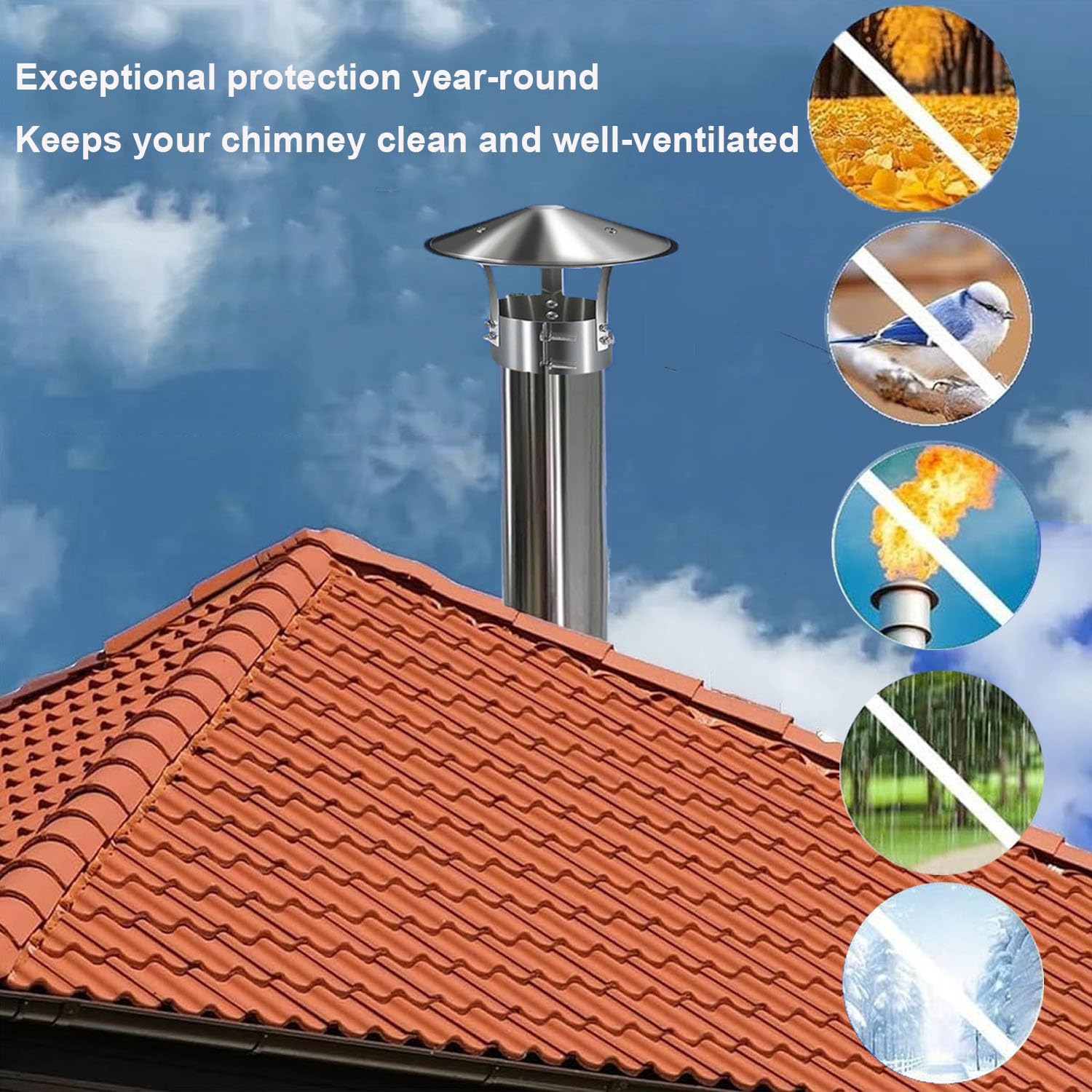 Tapa de chimenea de acero inoxidable, tapa de lluvia redonda para ventilación de escape, cubierta de techo resistente a la intemperie, compatible con tubos de estufa de 3 a 8 pulgadas para uso en