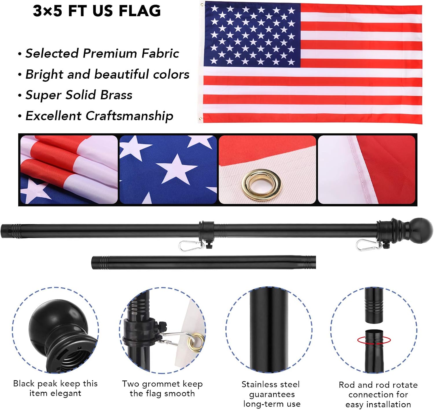AOX Flag Pole,3x5 American Flag with Pole & Bracket-6FT American FlagPole kit for House Garden Truck Sports Use (Black)