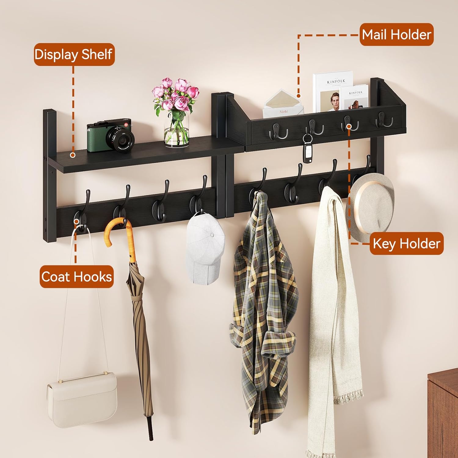 YMYNY 4 in 1 Coat Rack Wall Mount with Shelf, 31.5" Key and Coat Hanger with 12 Metal Hooks, Wall Shelf with Hooks & Mail Holder for Entryway, Living Room, Black, HWS007B-2