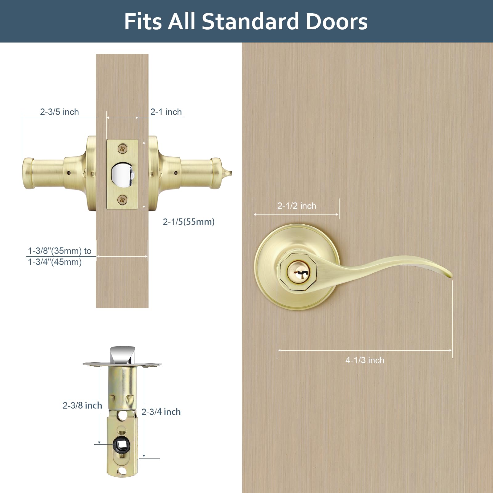 EHOMEWARE 2 pomos de puerta de entrada con llave igual con cerradura y llave, manijas de puerta de latón satinado dorado interior, manijas de puerta de latón satinado exterior, manijas de puerta a