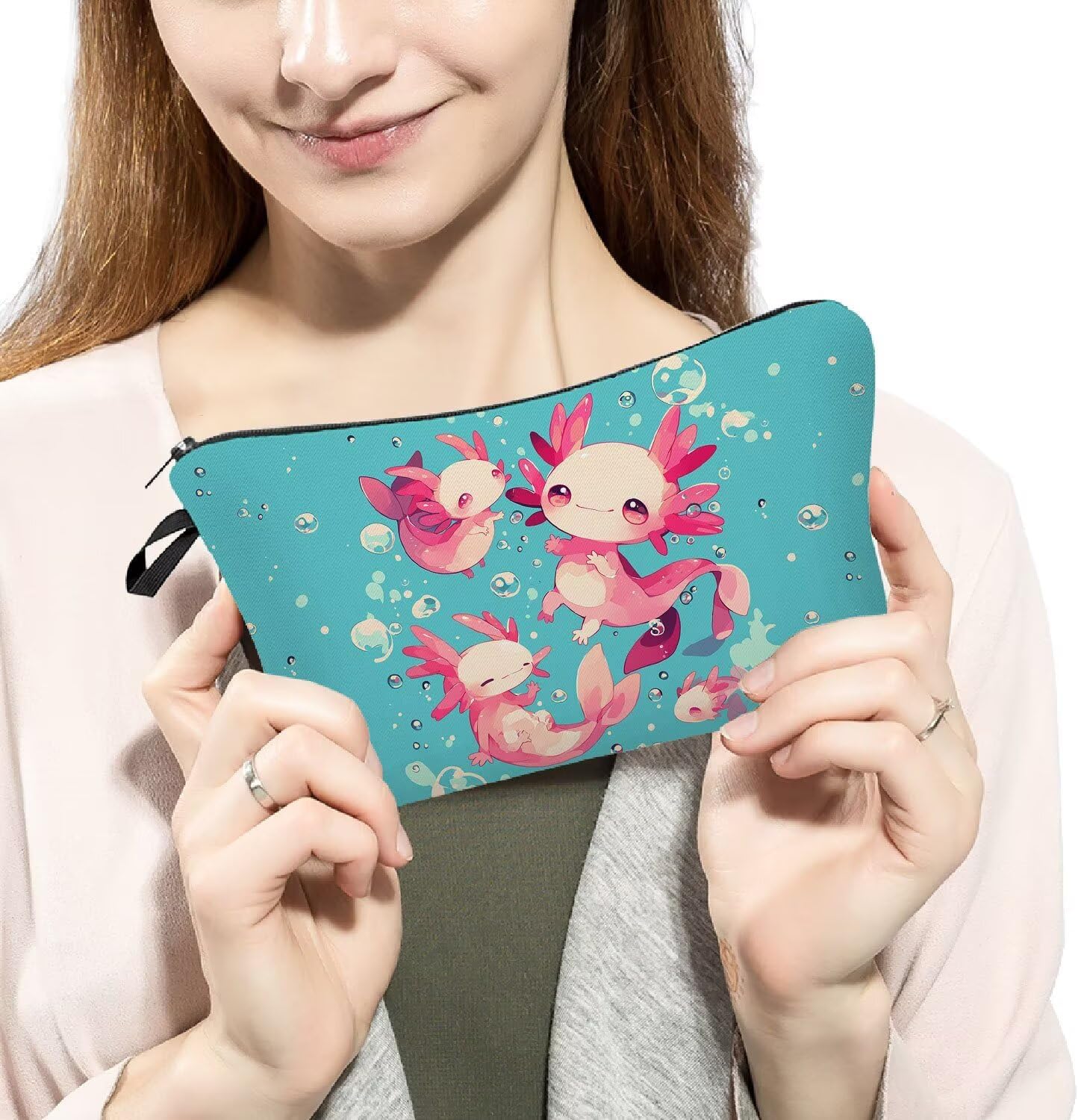 Bubble Axolotl Makeup Bag Cute Small Organizer Zipper Pouch Bubble Adorable Axolotl Cosmetic Bag Birthday Present for Women Friends - Image 3