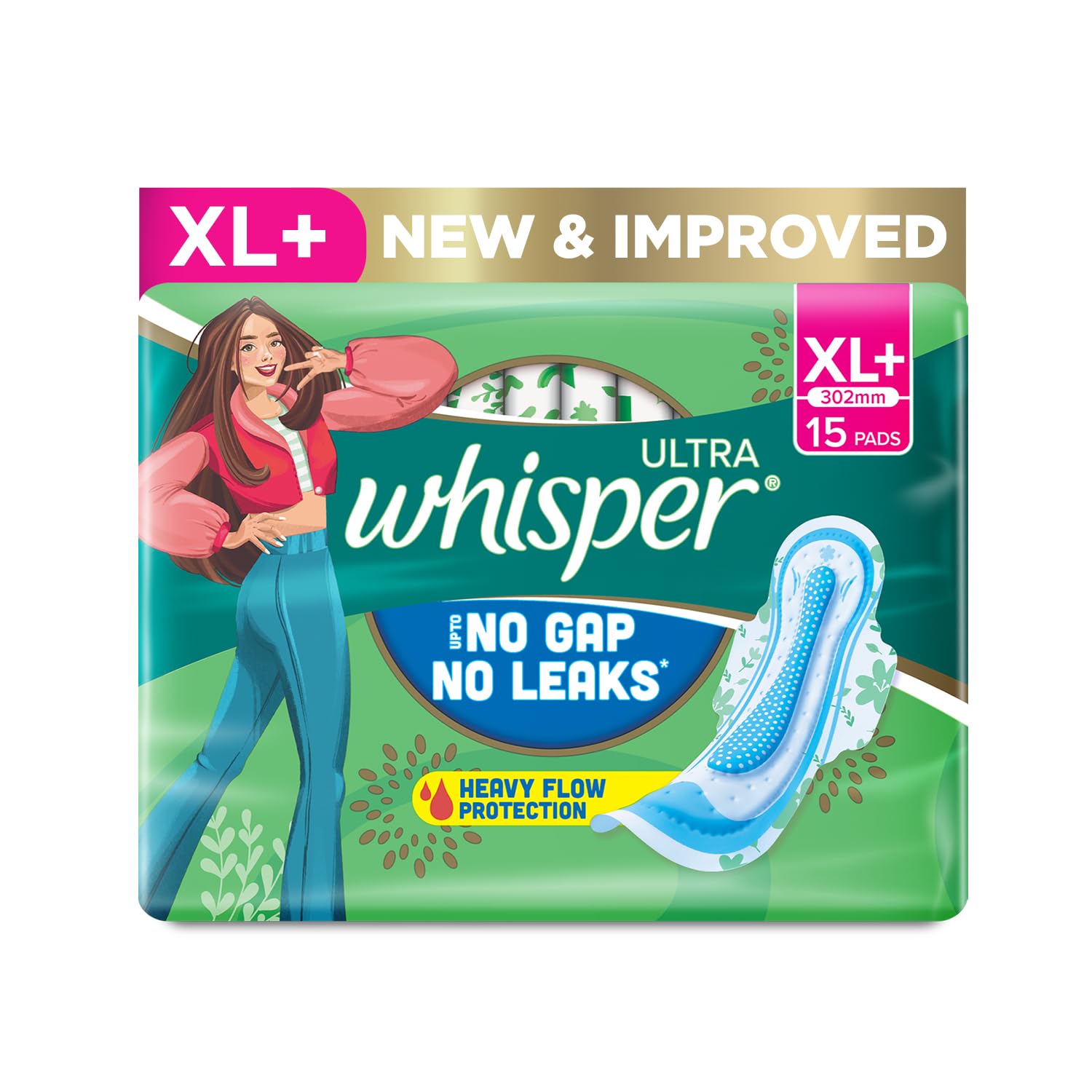 Whisper Ultra Clean Sanitary Pads for Women, XL+ 15 Napkins