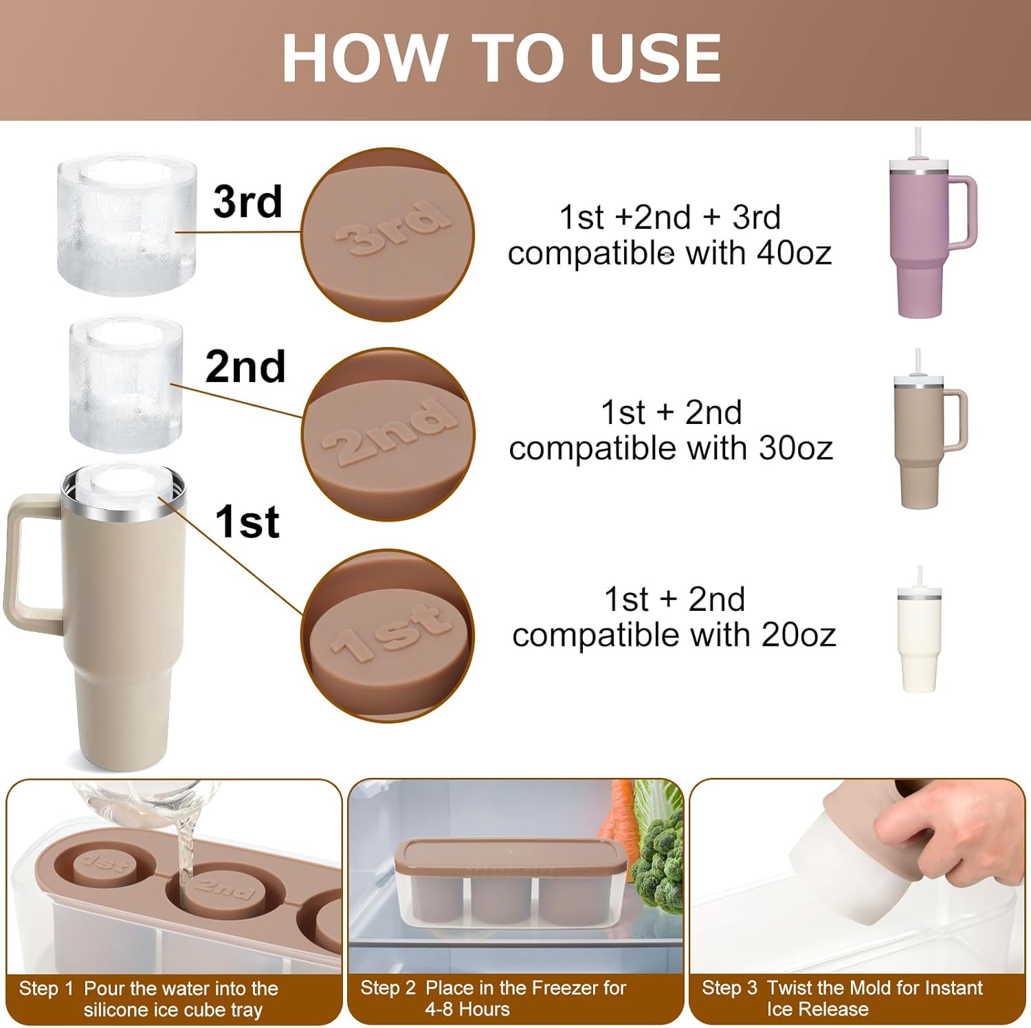 Ice Cube Tray for 20-40oz Tumbler Cup, 3pcs Large Silicone Cylinder Ice Cube Molds for Freezer, Ice Maker With Lid and Bin, Ice Drink, Juice, Whiskey, Chilling Cocktail, Tea, Coffee（Brown）